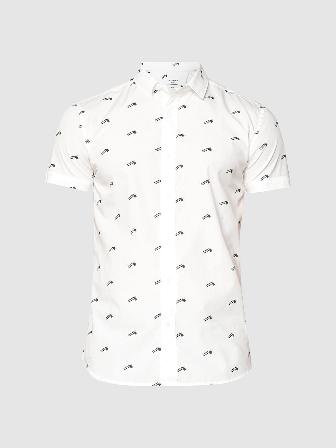 White All Over Flag Print Slim Fit Short Sleeves Shirt