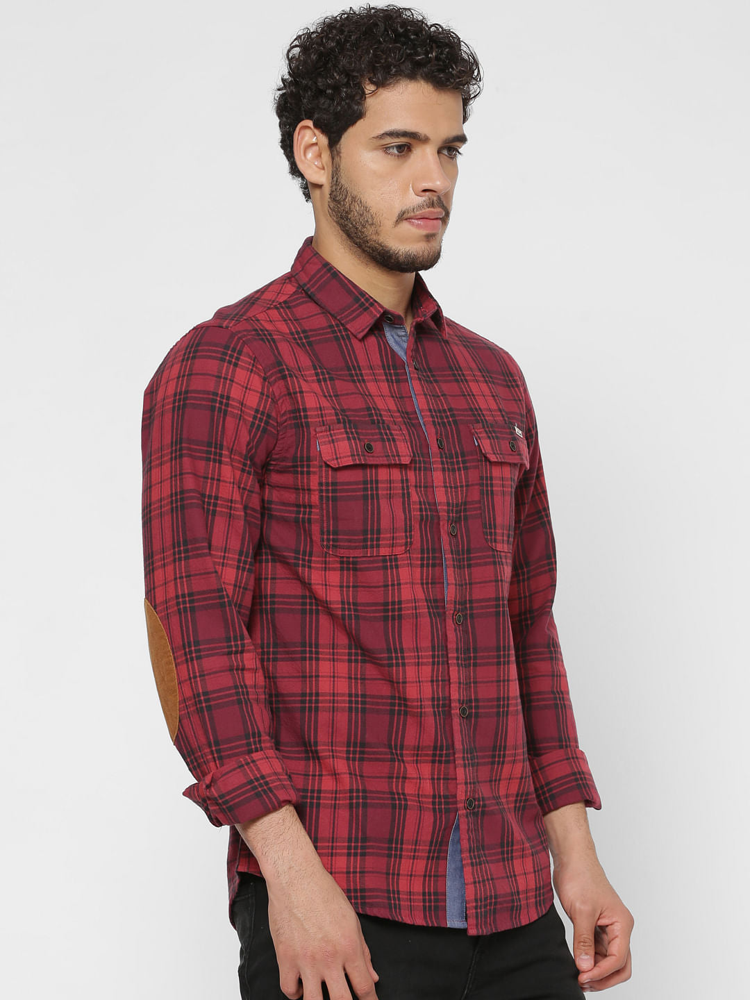 Red Checks Patch Pocket Slim Fit Full Sleeves Shirt