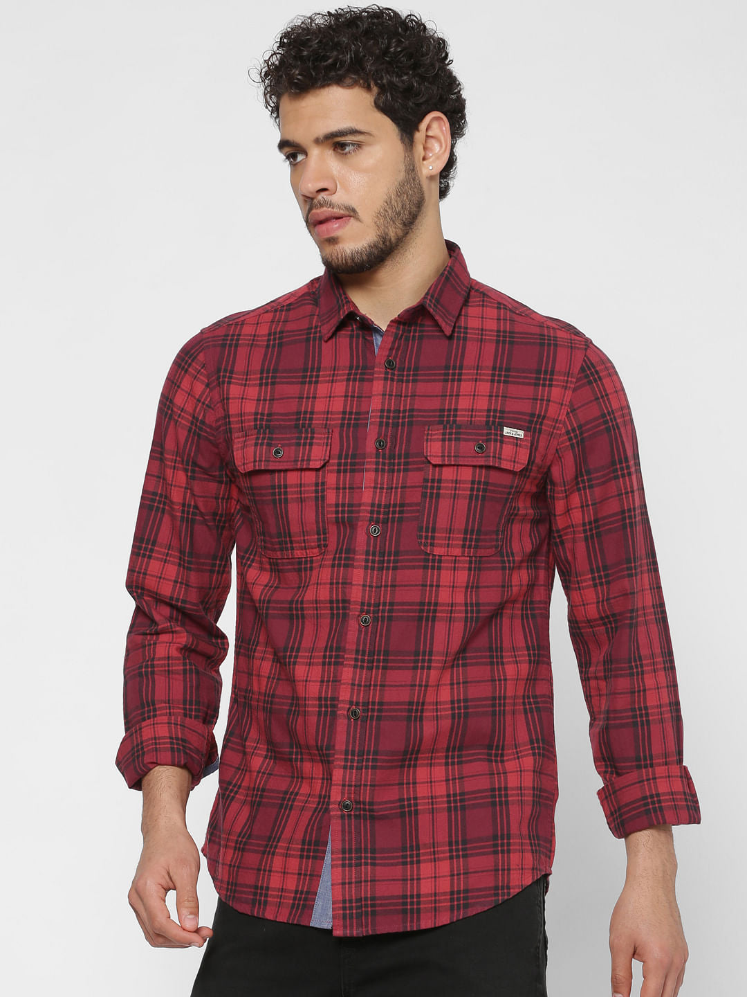 Red Checks Patch Pocket Slim Fit Full Sleeves Shirt