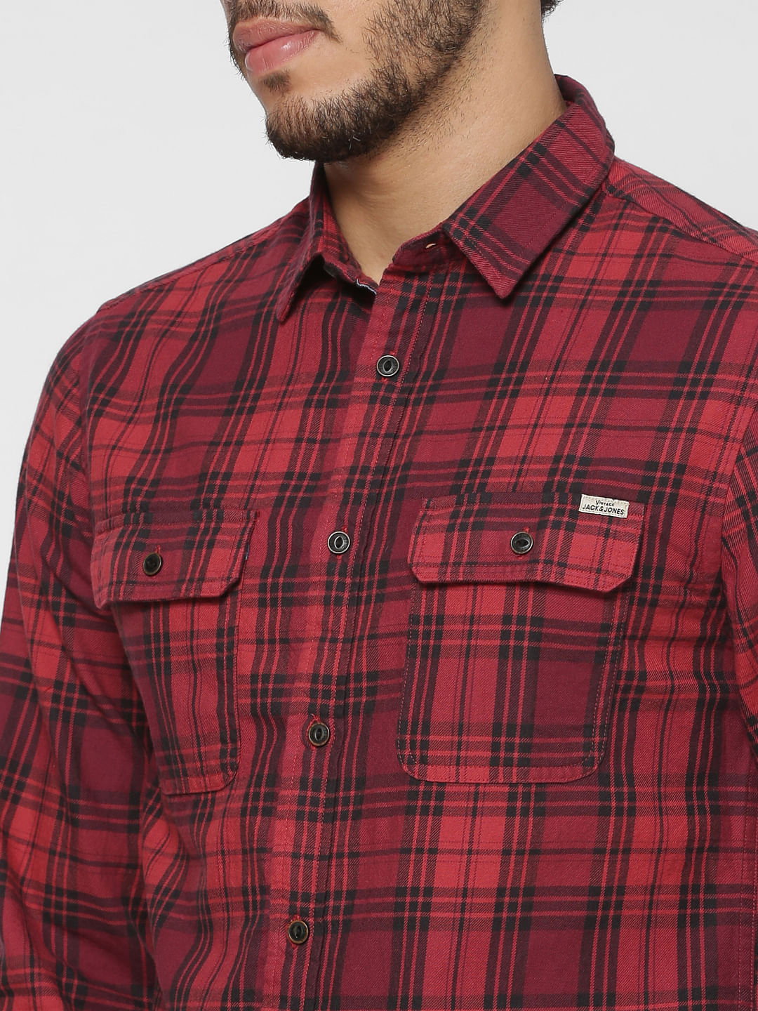 Red Checks Patch Pocket Slim Fit Full Sleeves Shirt