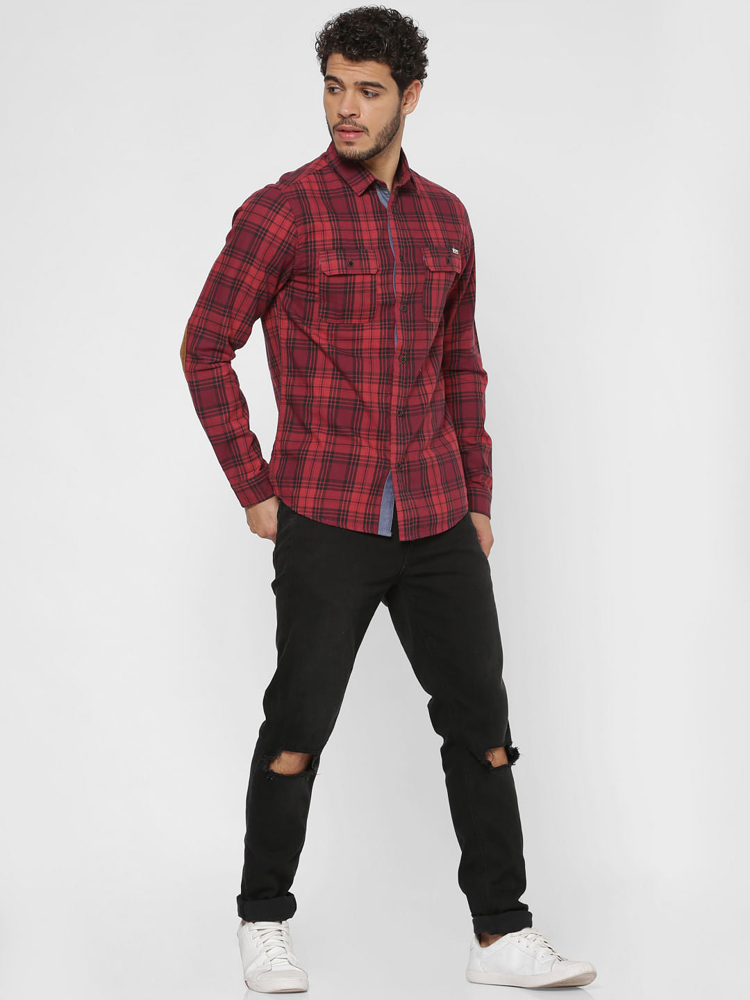 Red Checks Patch Pocket Slim Fit Full Sleeves Shirt