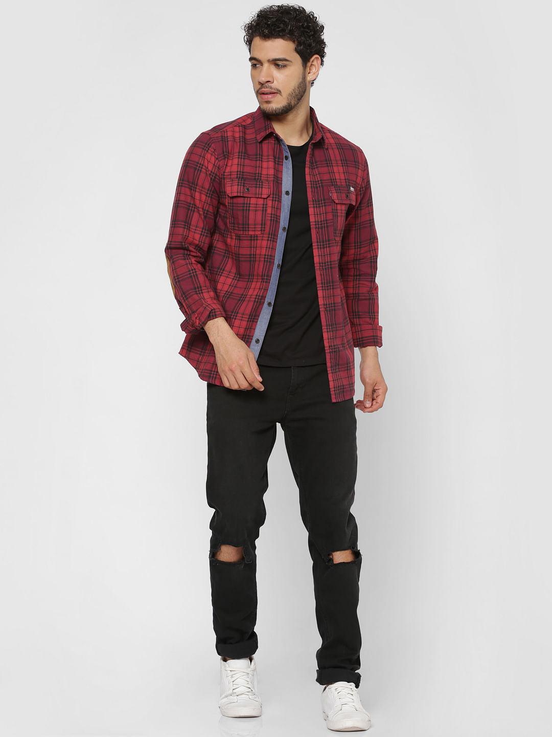 Red Checks Patch Pocket Slim Fit Full Sleeves Shirt