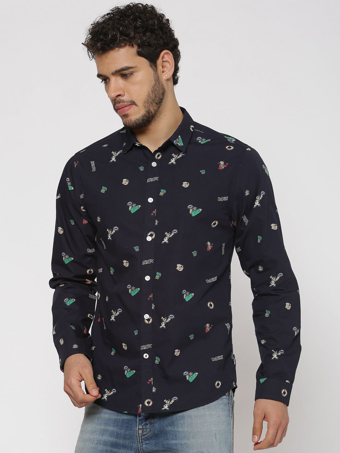 Navy Blue All Over Graphic Print Slim Fit Full Sleeves Shirt
