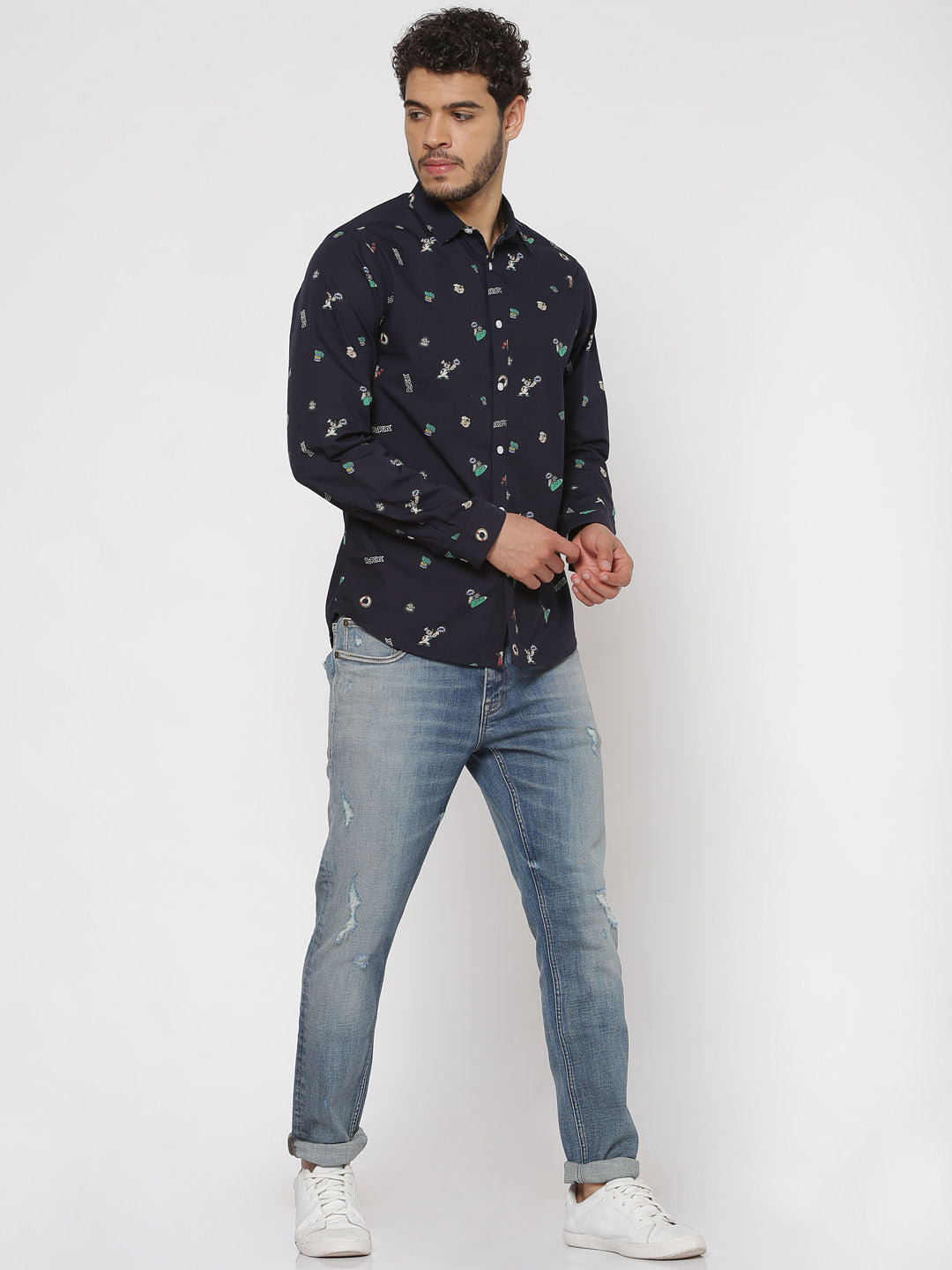 Navy Blue All Over Graphic Print Slim Fit Full Sleeves Shirt