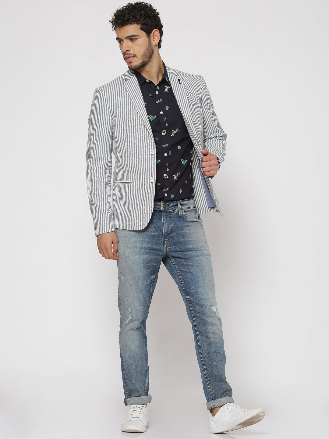 Navy Blue All Over Graphic Print Slim Fit Full Sleeves Shirt