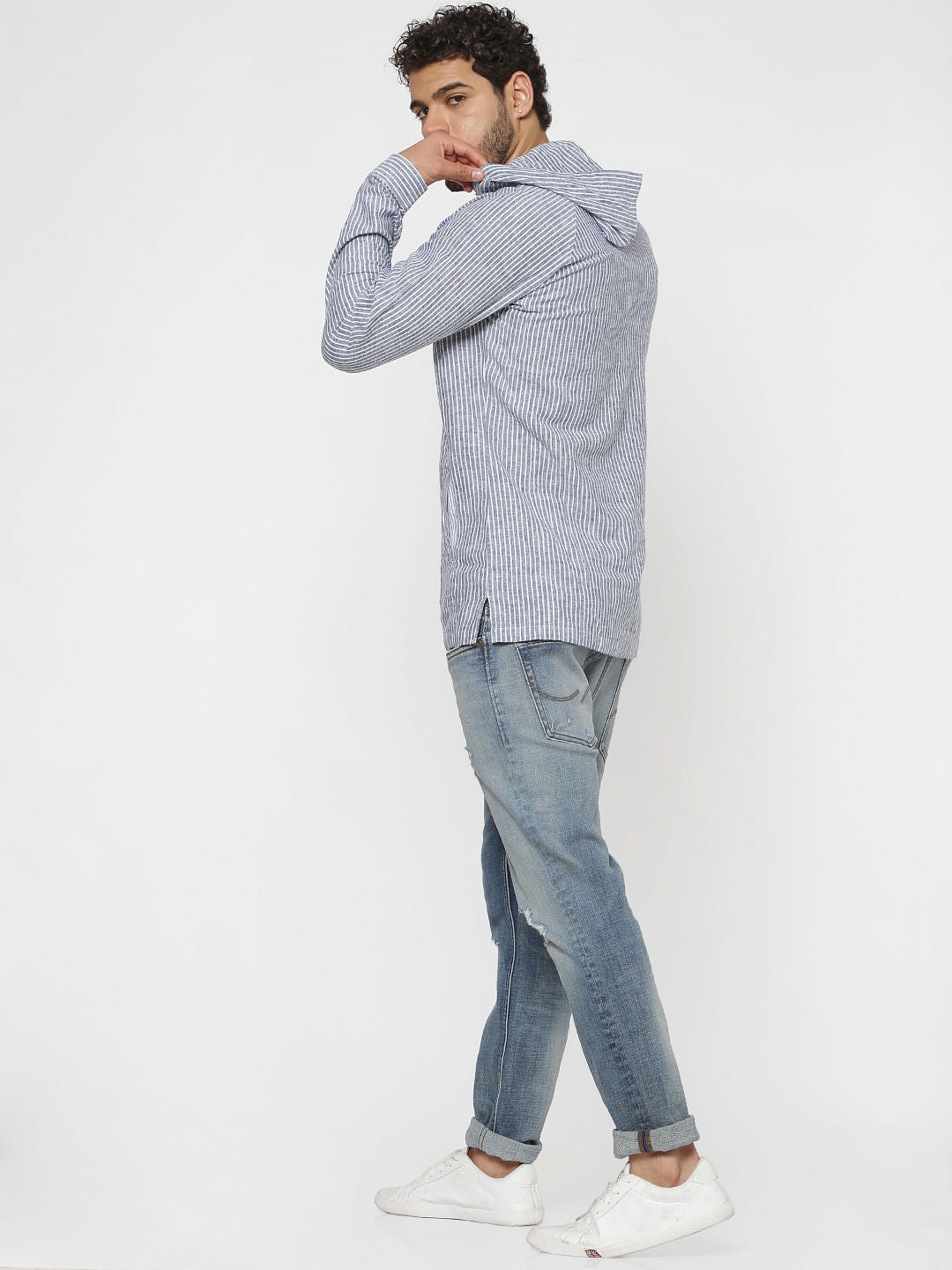 Blue Striped Hooded Slim Fit Full Sleeves Shirt