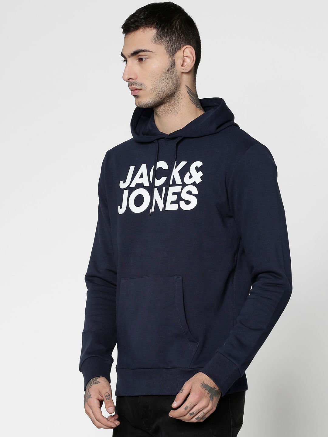 Navy Blue Text Print Hooded Sweatshirt