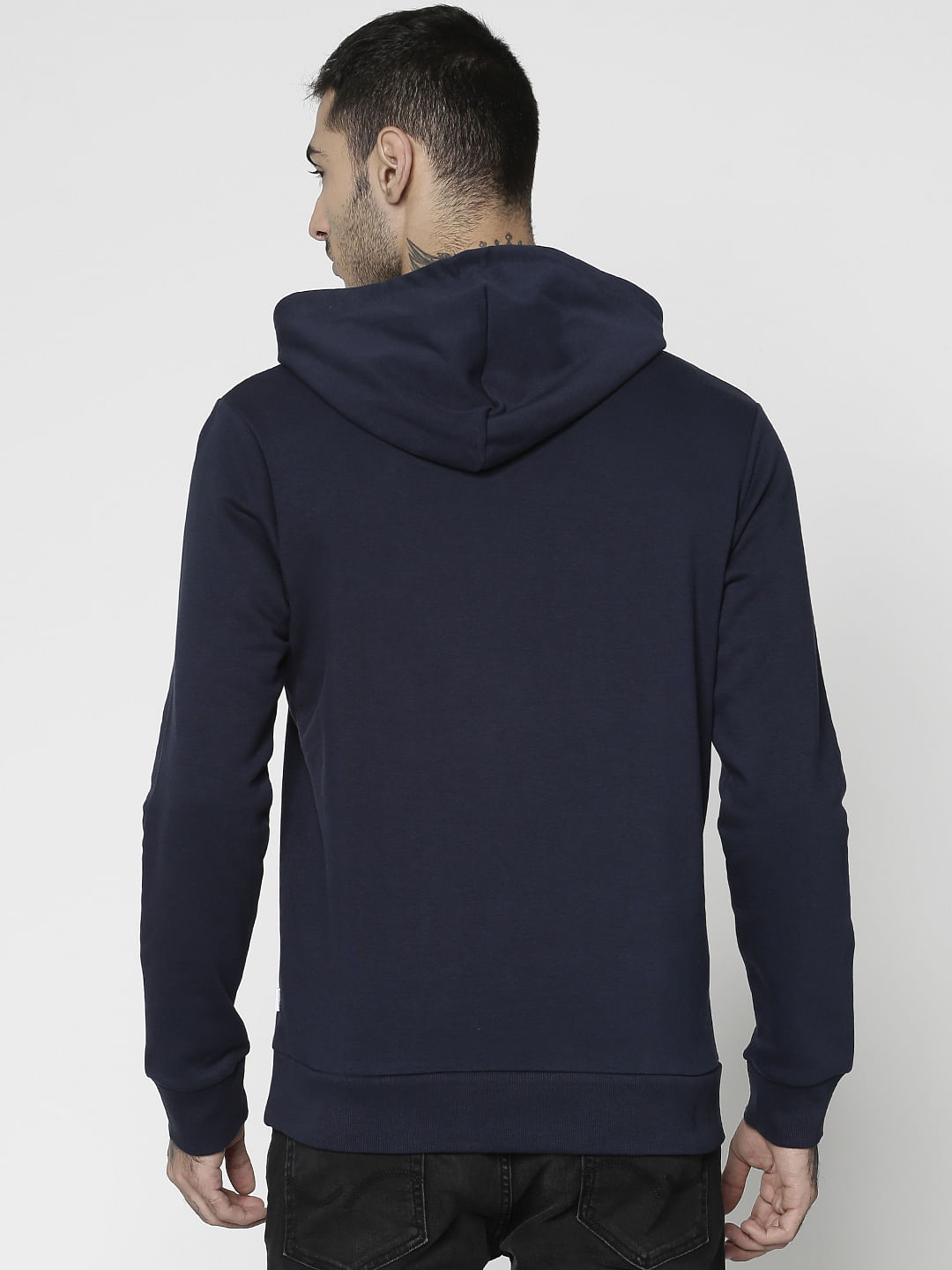 Navy Blue Text Print Hooded Sweatshirt