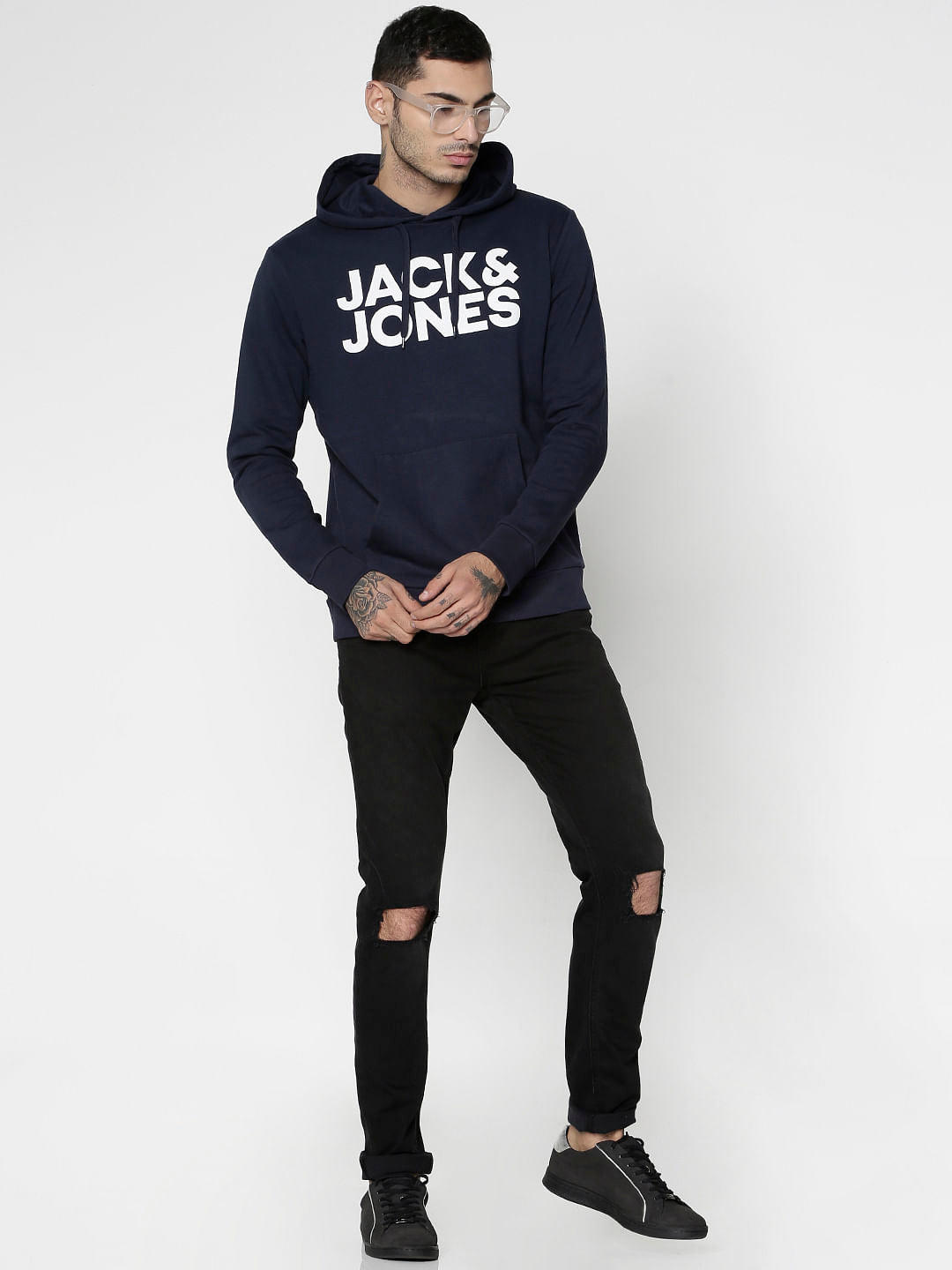Navy Blue Text Print Hooded Sweatshirt