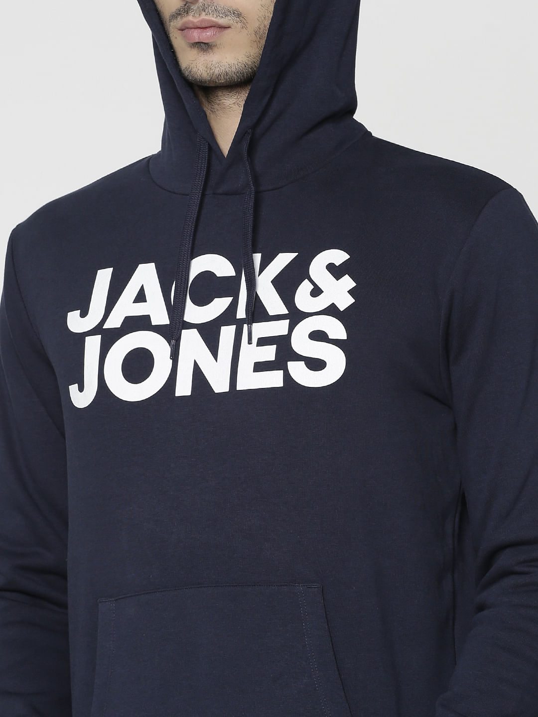 Navy Blue Text Print Hooded Sweatshirt