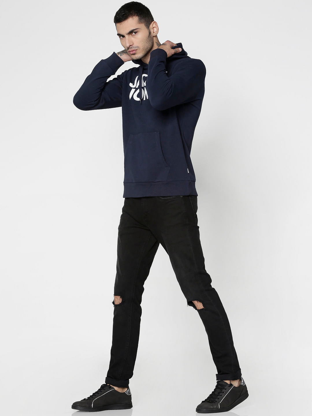 Navy Blue Text Print Hooded Sweatshirt