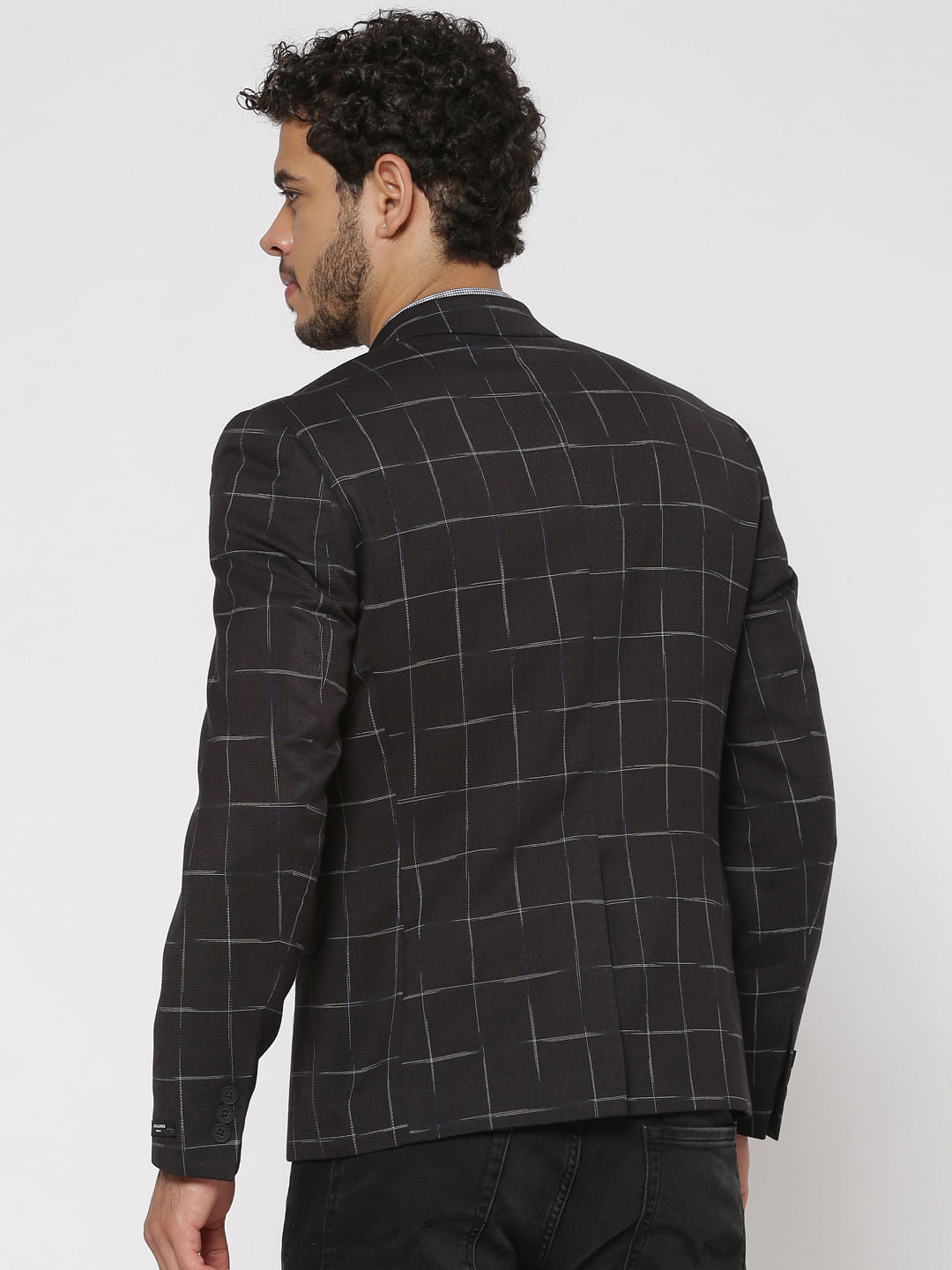 Black Checks Double Button Linen Blazer