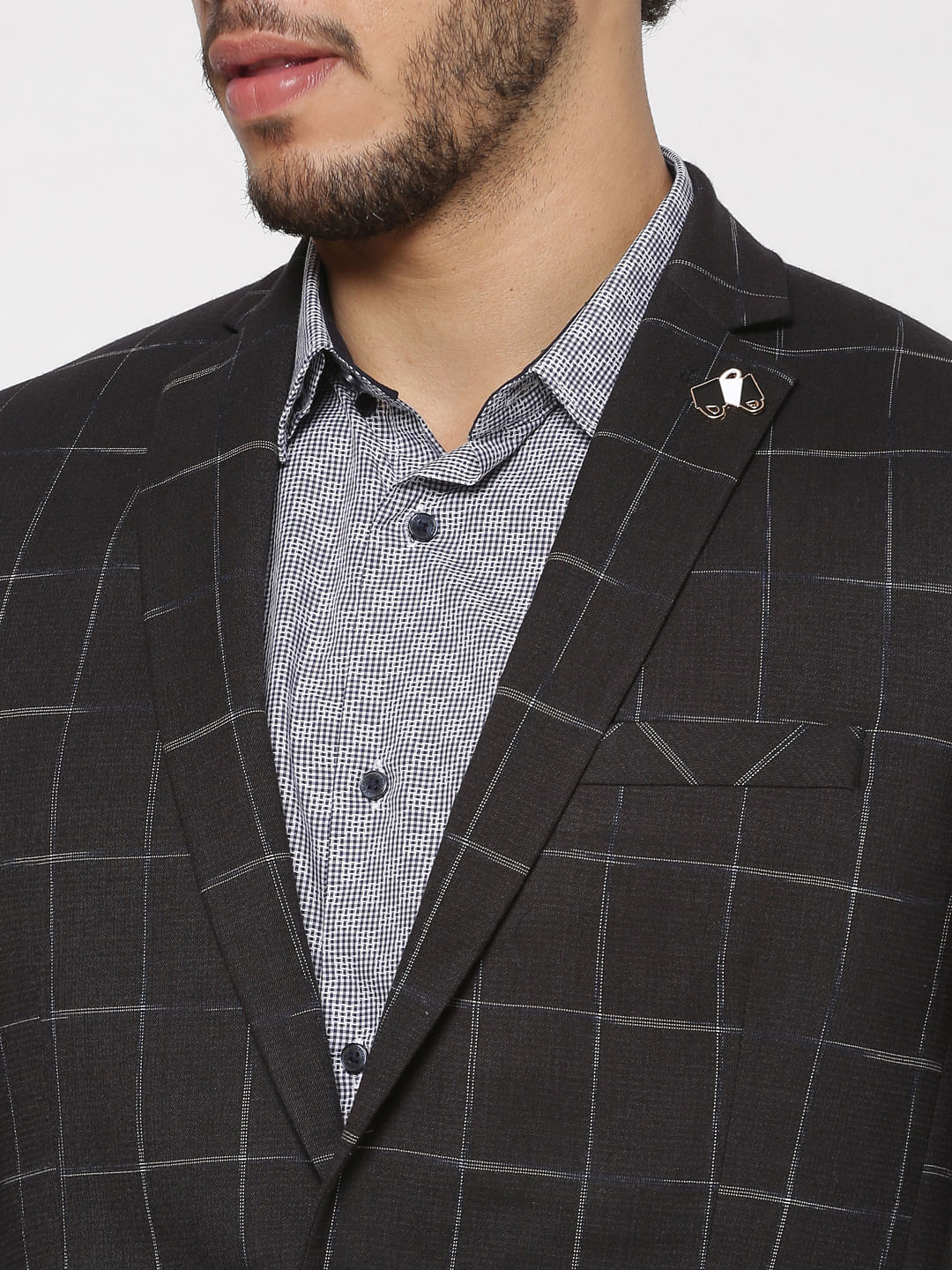 Black Checks Double Button Linen Blazer