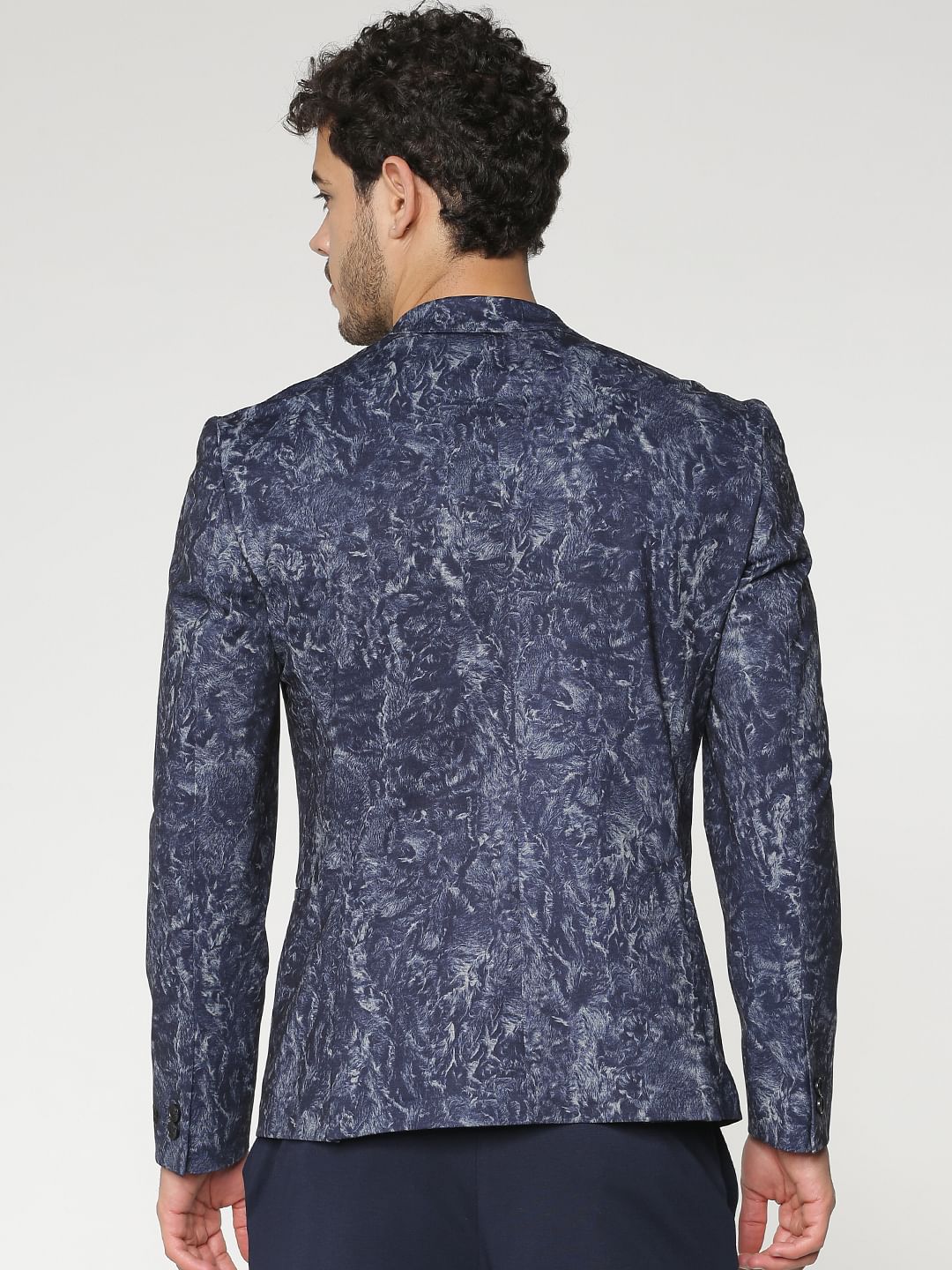 Blue Brushed Print Slim Fit Linen Blazer
