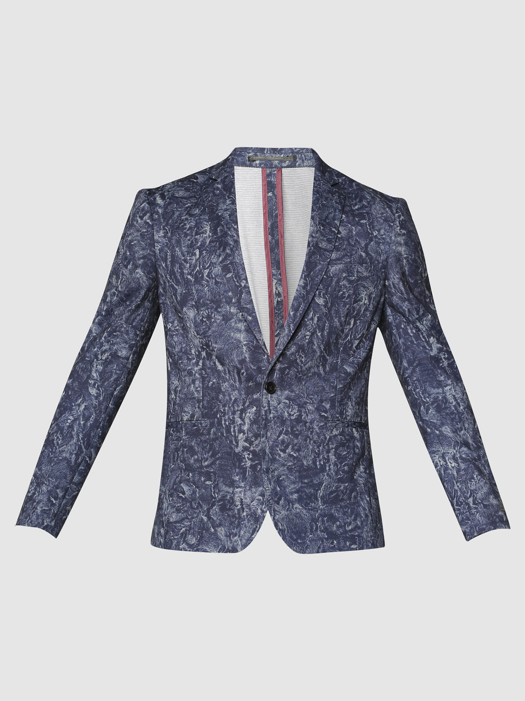 Blue Brushed Print Slim Fit Linen Blazer