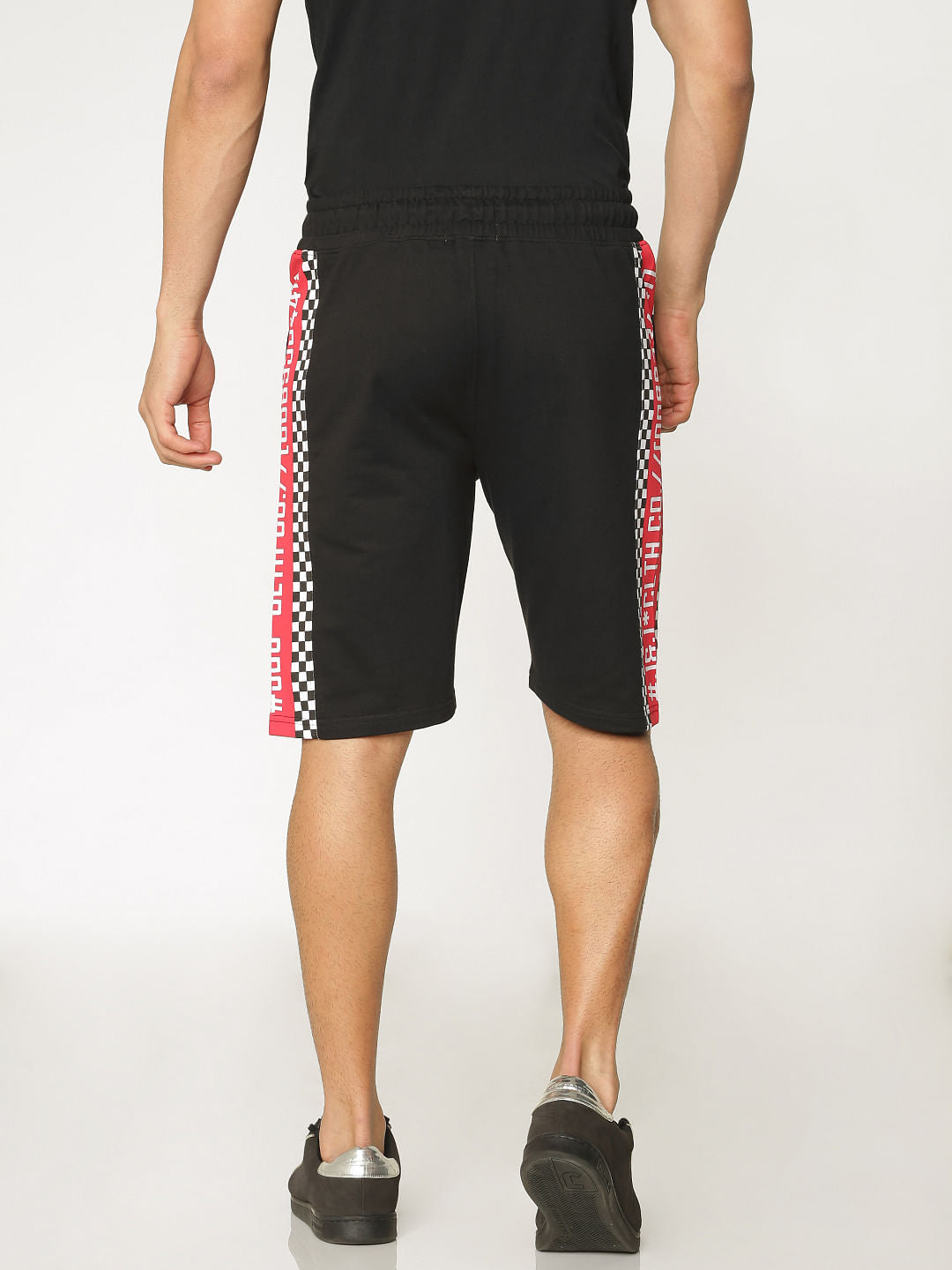 Black Side Tape And Racer Stripe Print Drawstring Shorts