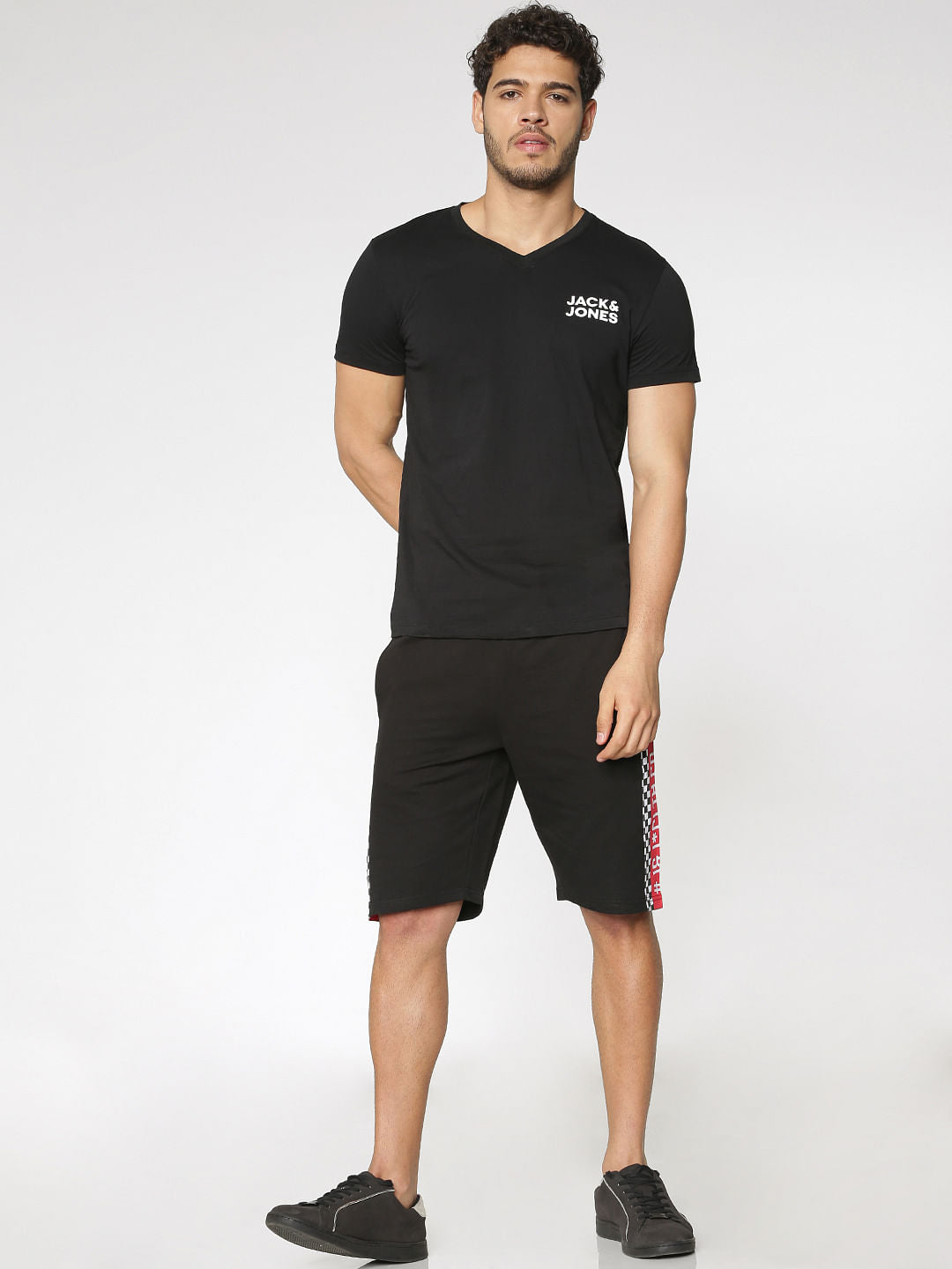 Black Side Tape And Racer Stripe Print Drawstring Shorts