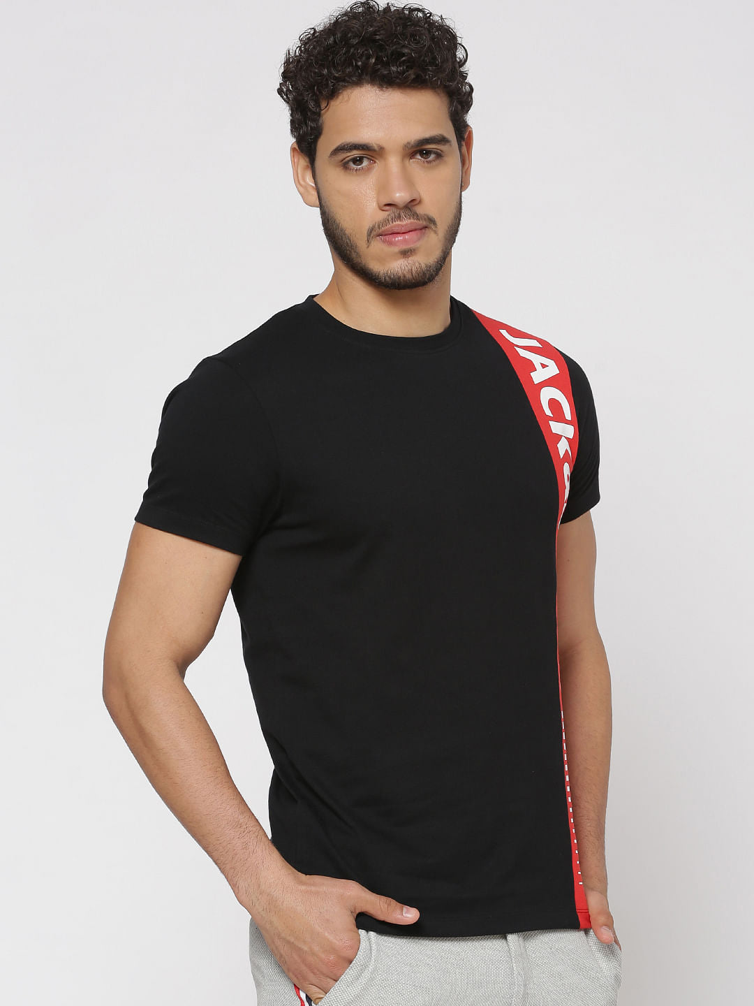 Black Colour Blocked Tape Detail Slim Fit Crew Neck T-Shirt