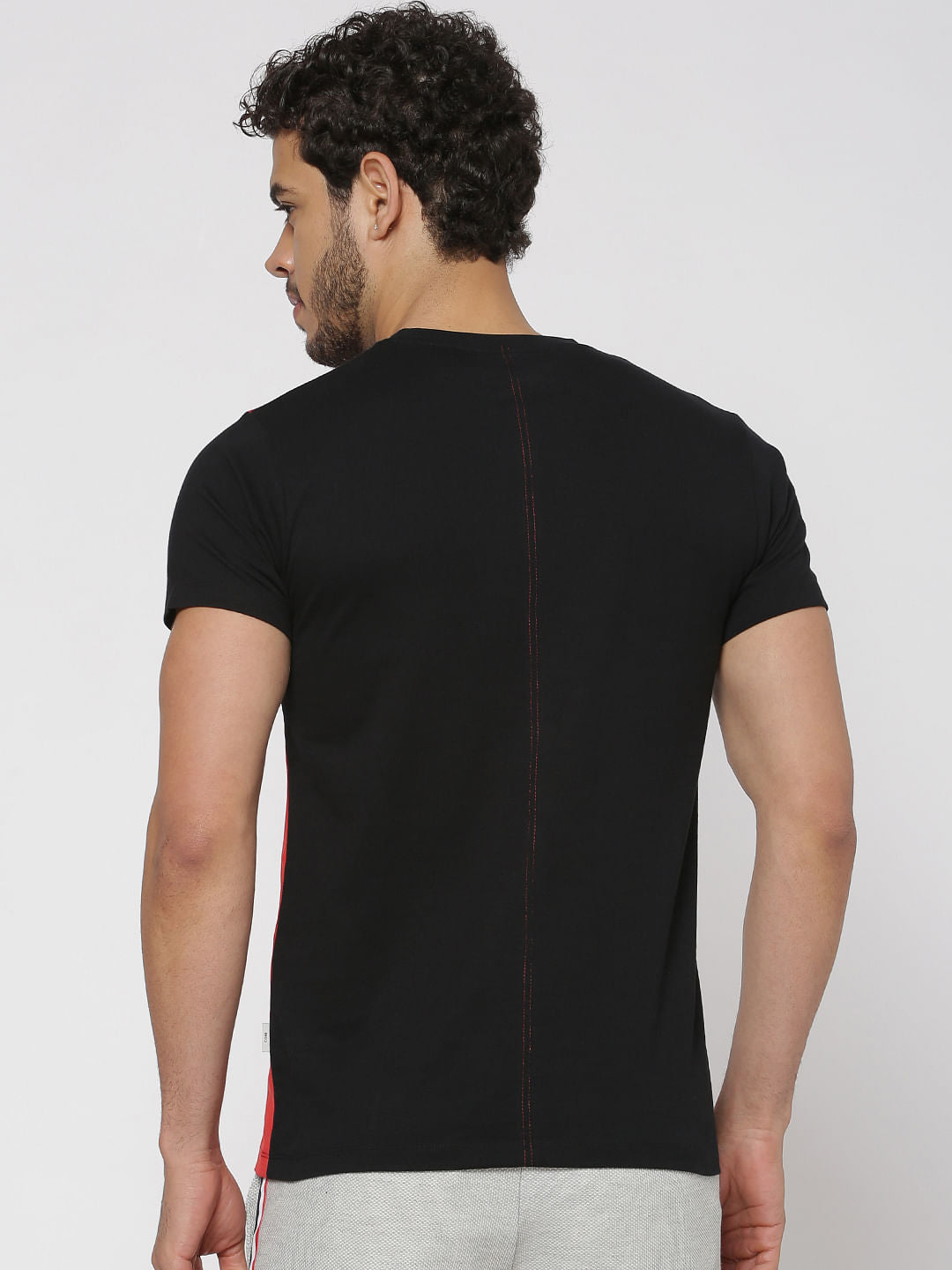 Black Colour Blocked Tape Detail Slim Fit Crew Neck T-Shirt