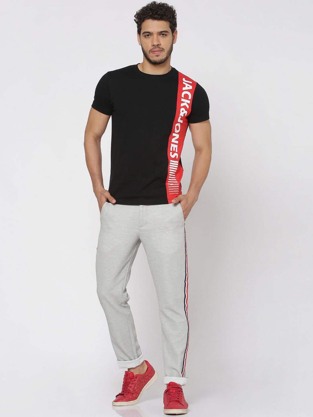 Black Colour Blocked Tape Detail Slim Fit Crew Neck T-Shirt