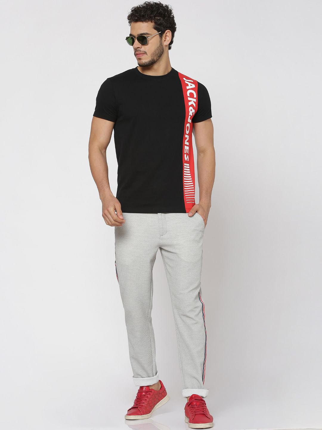Black Colour Blocked Tape Detail Slim Fit Crew Neck T-Shirt