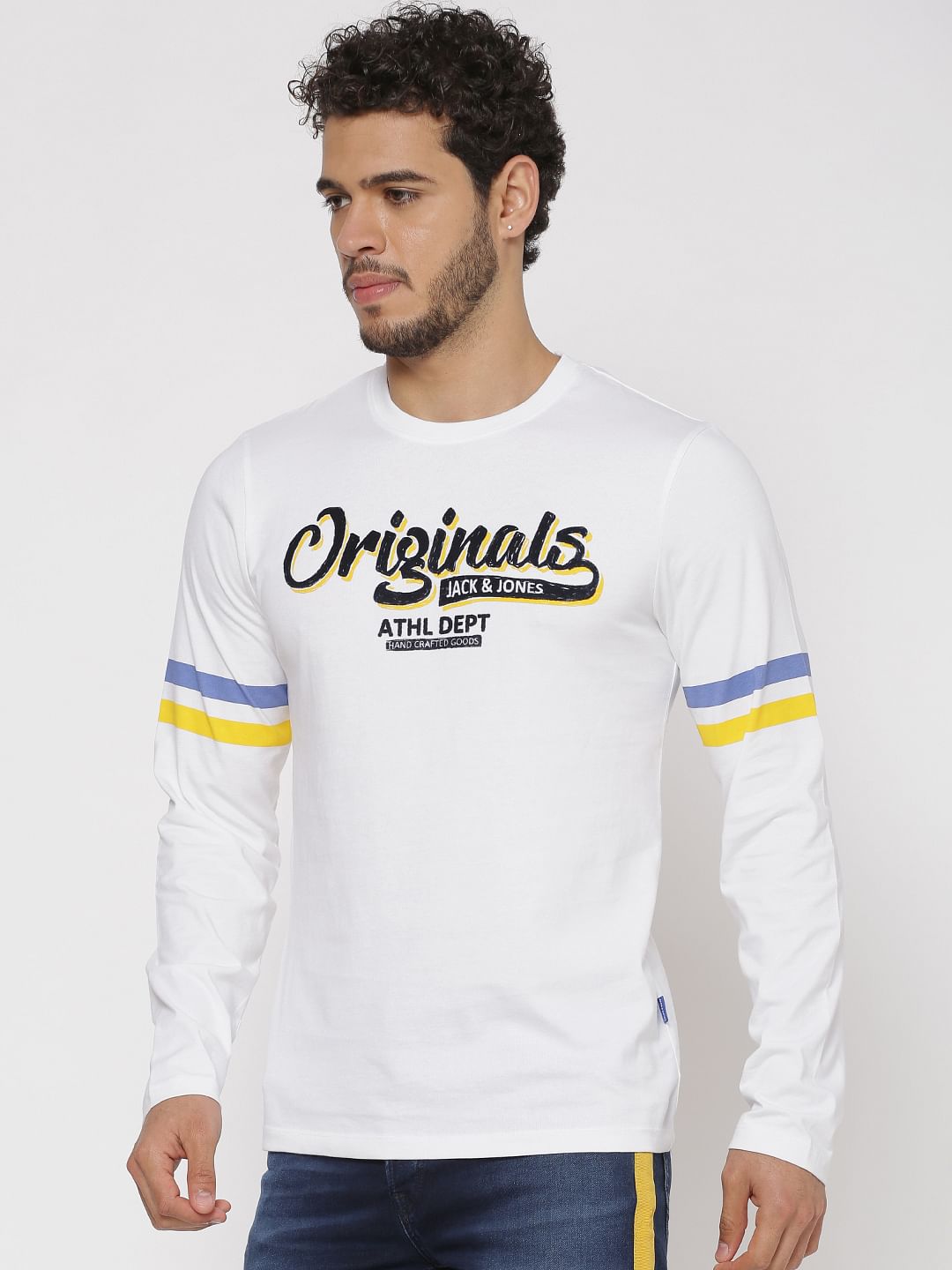White Printed Chest And Sleeves Slim Fit Full Sleeves Crew Neck T-Shirt