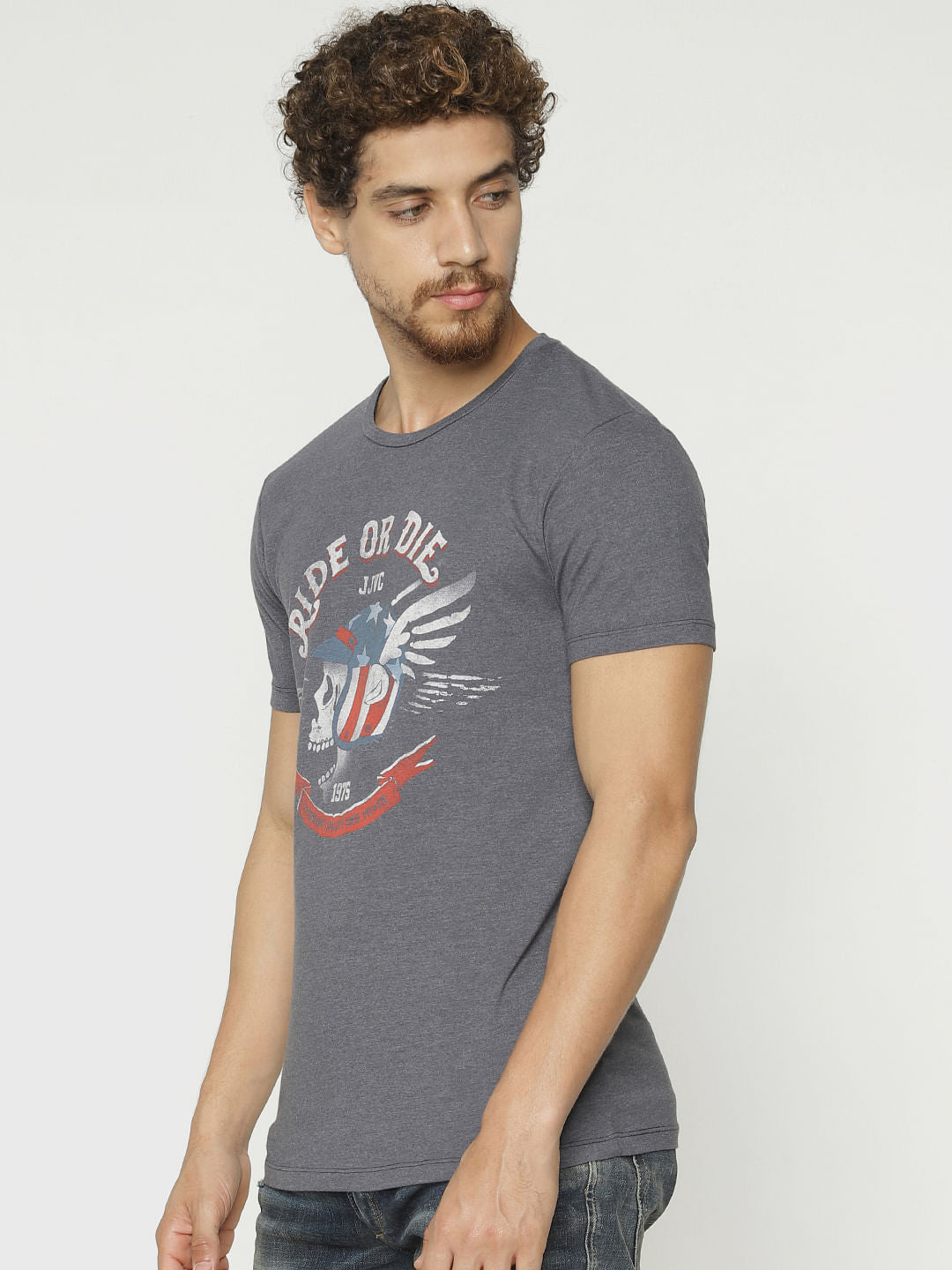 Grey Graphic Print Crew Neck T-Shirt