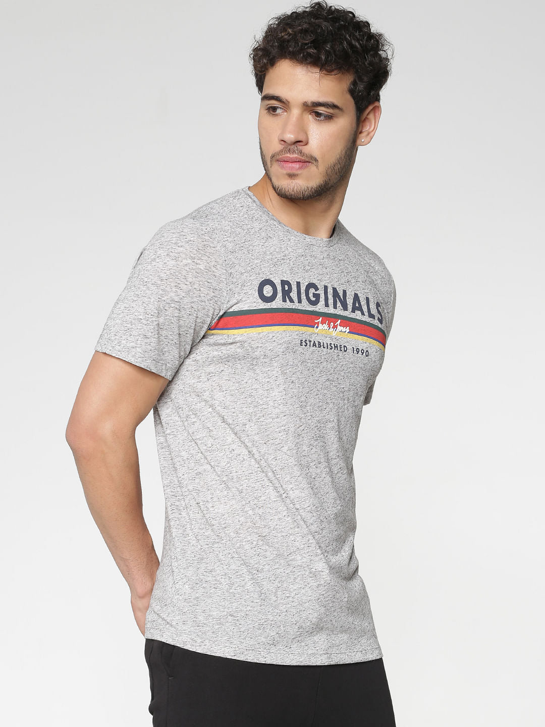 Grey Printed Slim Fit Crew Neck T-Shirt