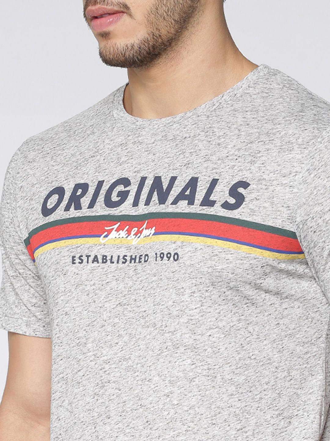 Grey Printed Slim Fit Crew Neck T-Shirt