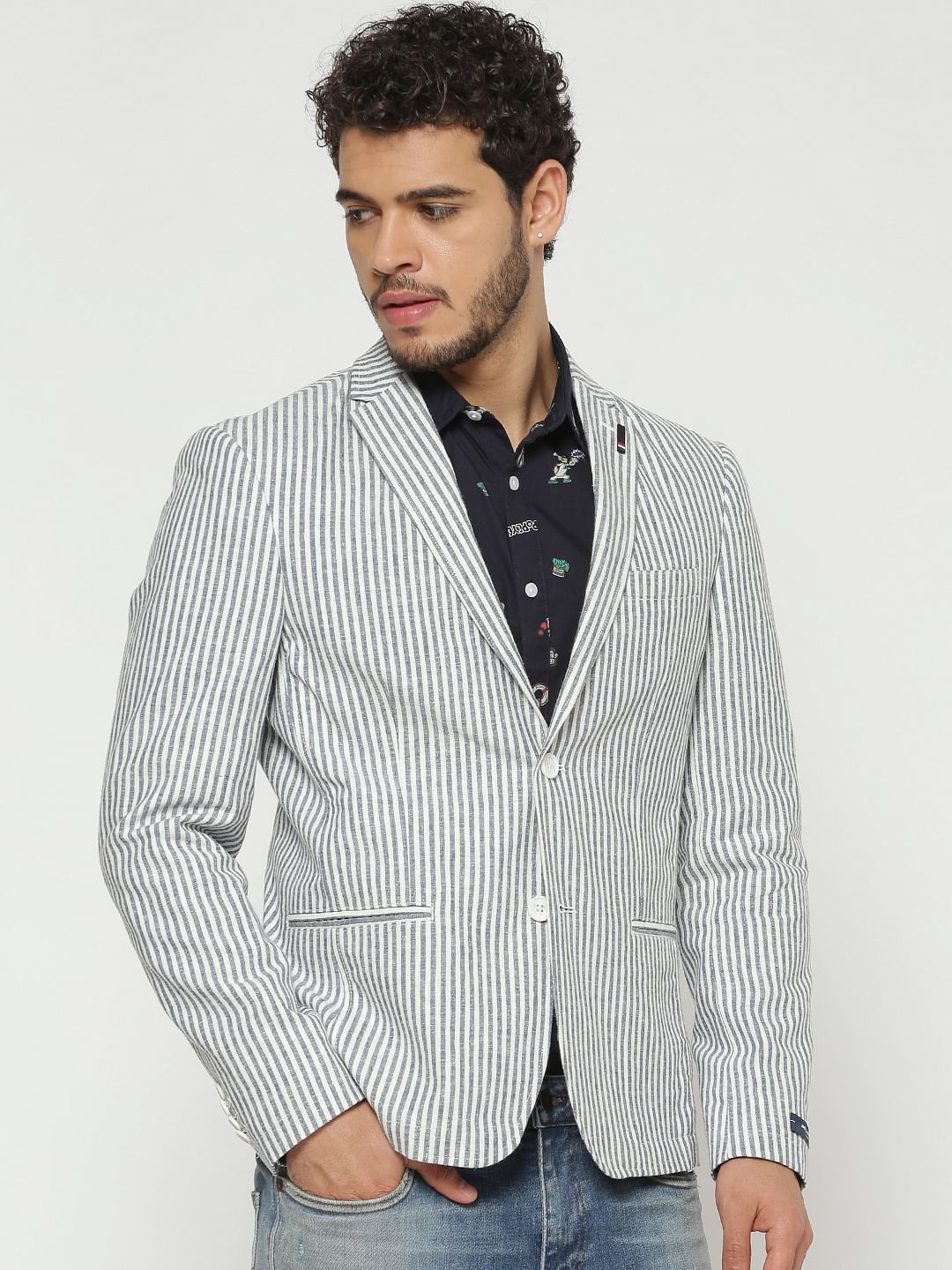 Grey And White Striped Double Button Slim Fit Blazer