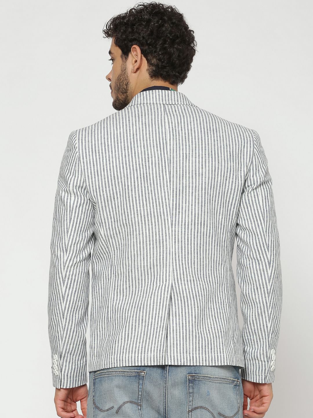 Grey And White Striped Double Button Slim Fit Blazer