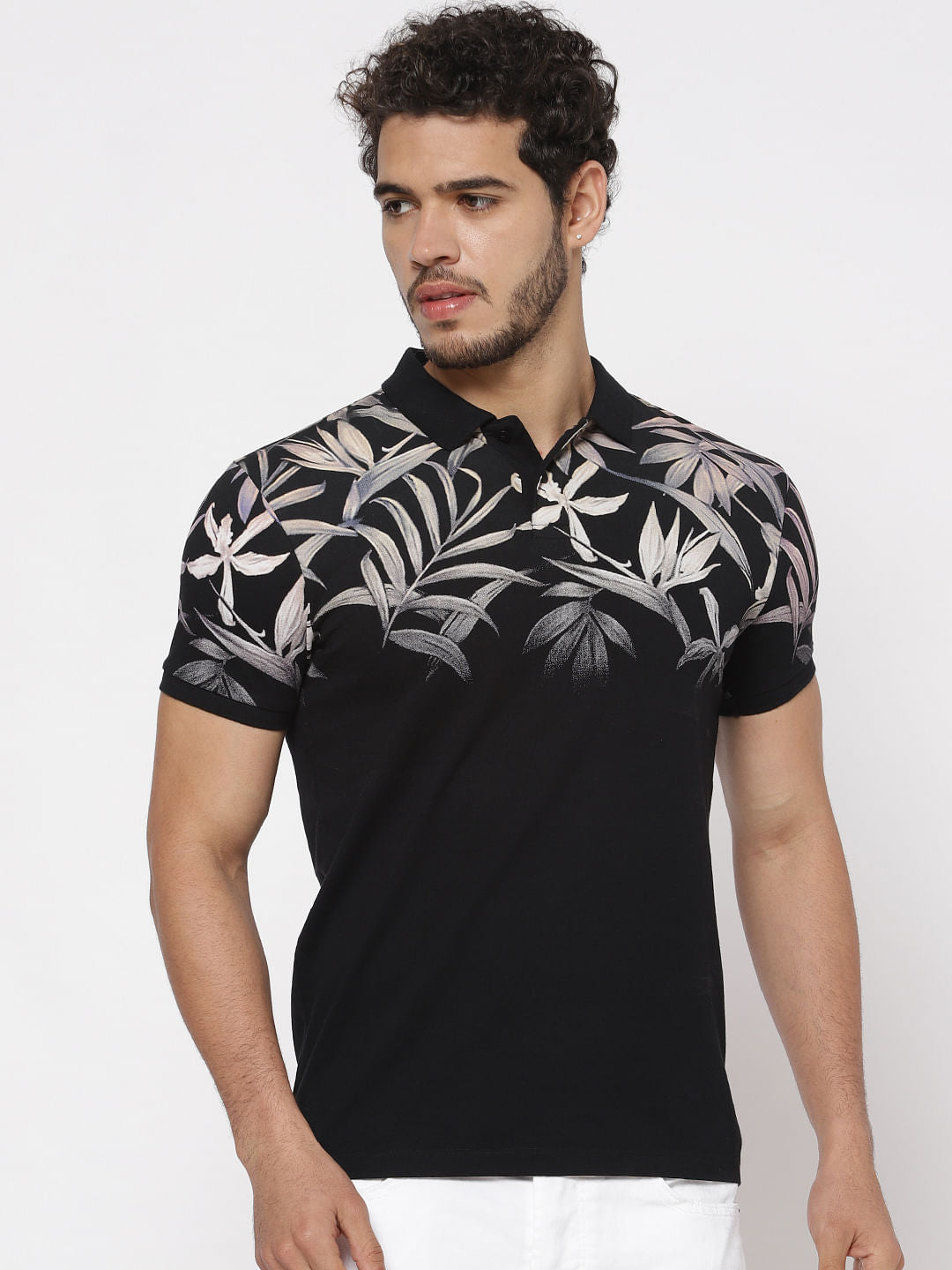 Black Printed Polo Neck T-Shirt