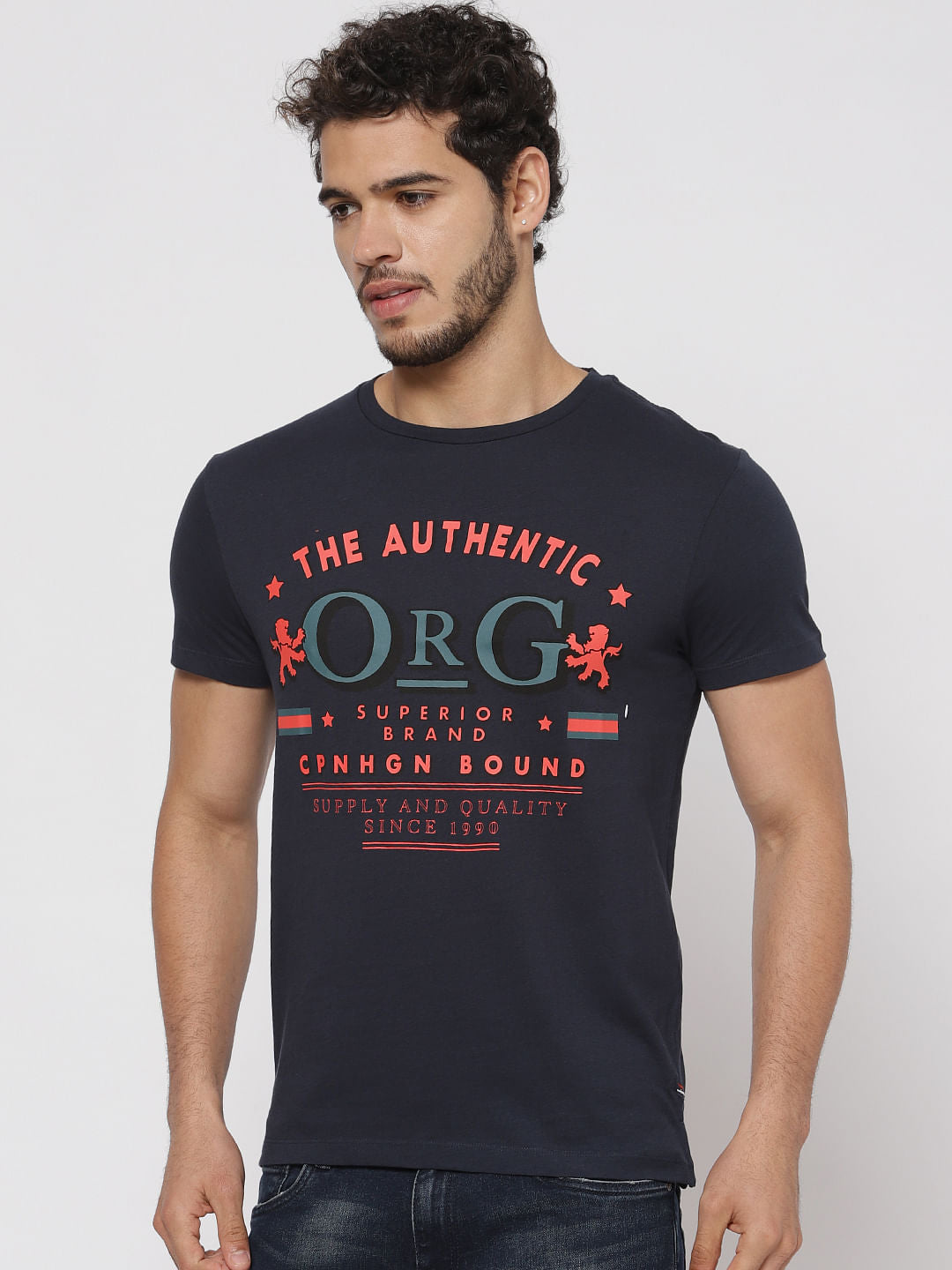Blue Text Print Crew Neck T-Shirt