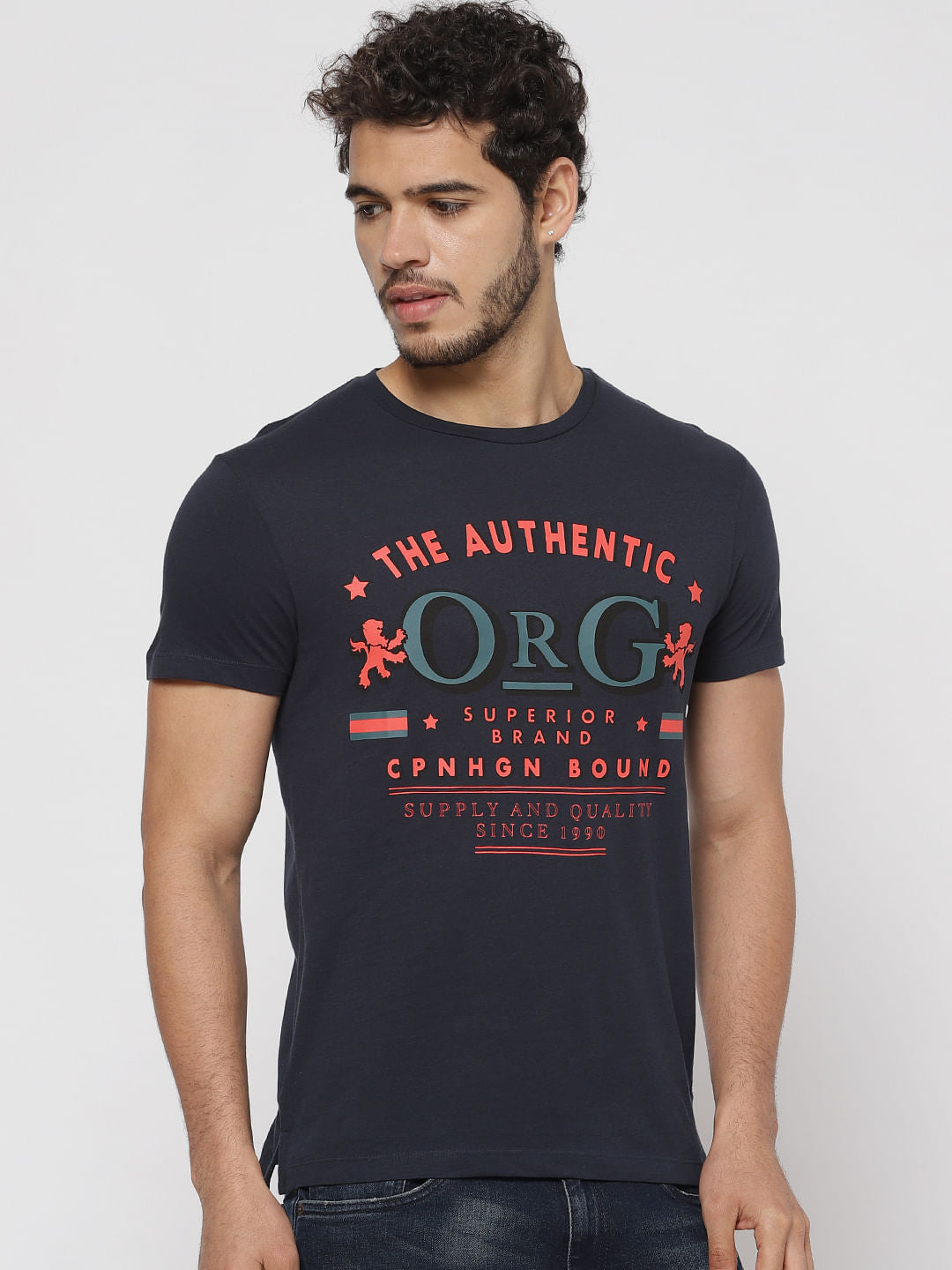 Blue Text Print Crew Neck T-Shirt