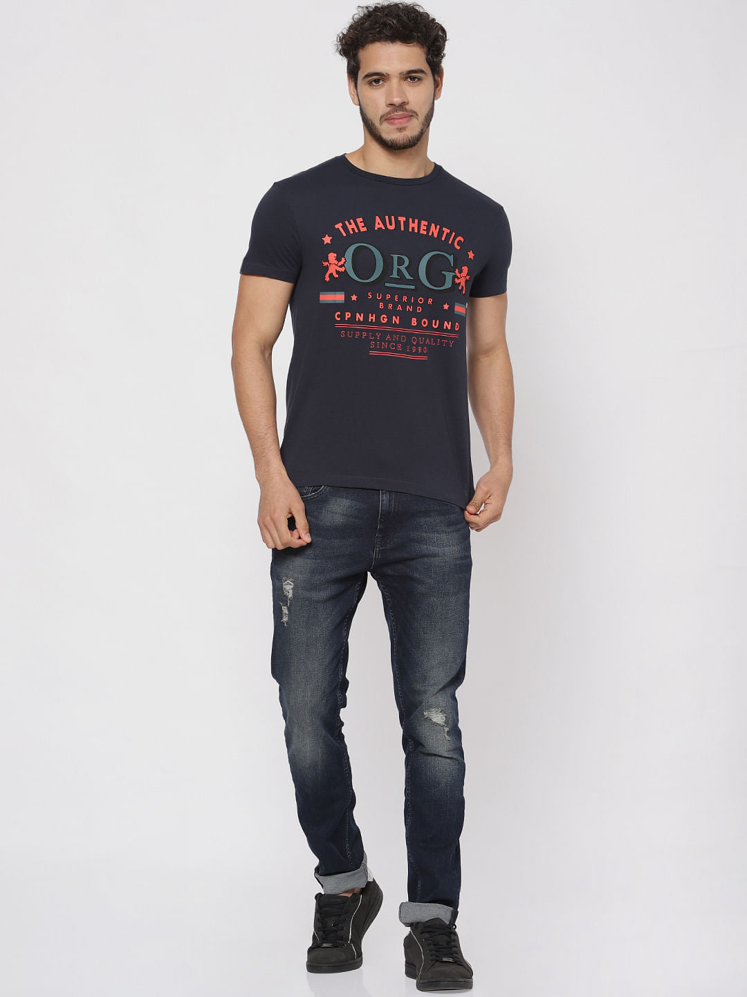 Blue Text Print Crew Neck T-Shirt