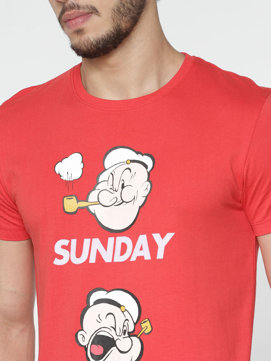 X Popeye Red Graphic Print Slim Fit Crew Neck T-Shirt