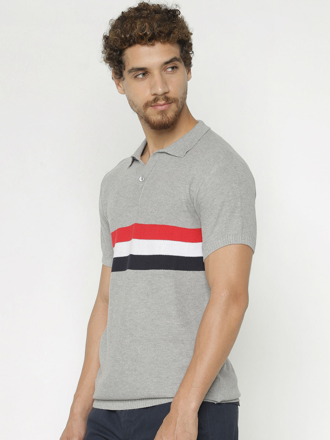 Grey Striped Print Polo Neck T-Shirt