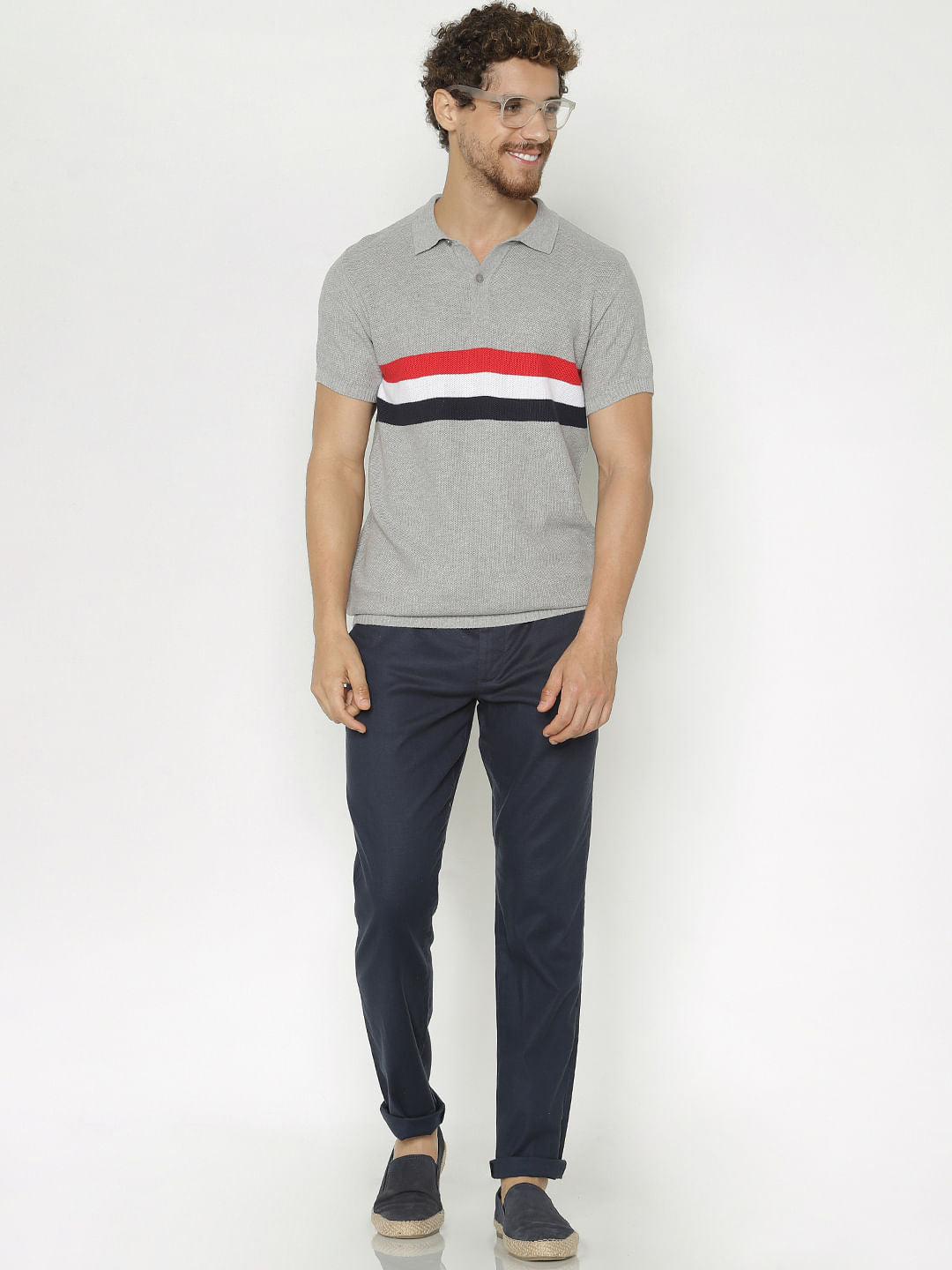 Grey Striped Print Polo Neck T-Shirt