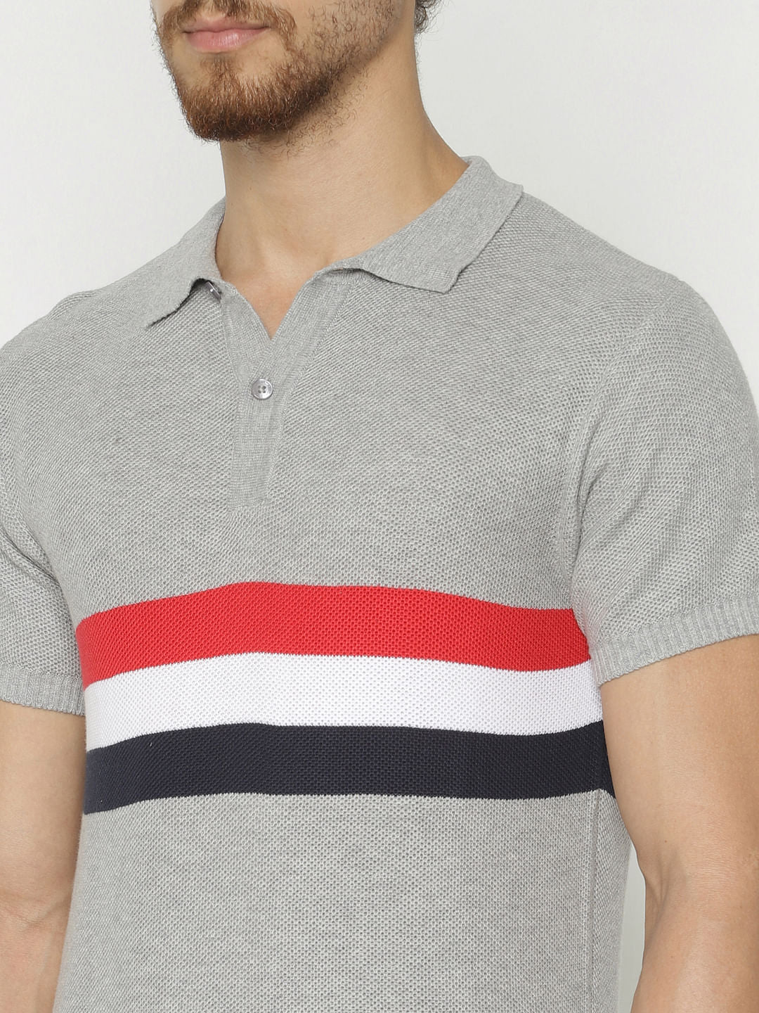 Grey Striped Print Polo Neck T-Shirt