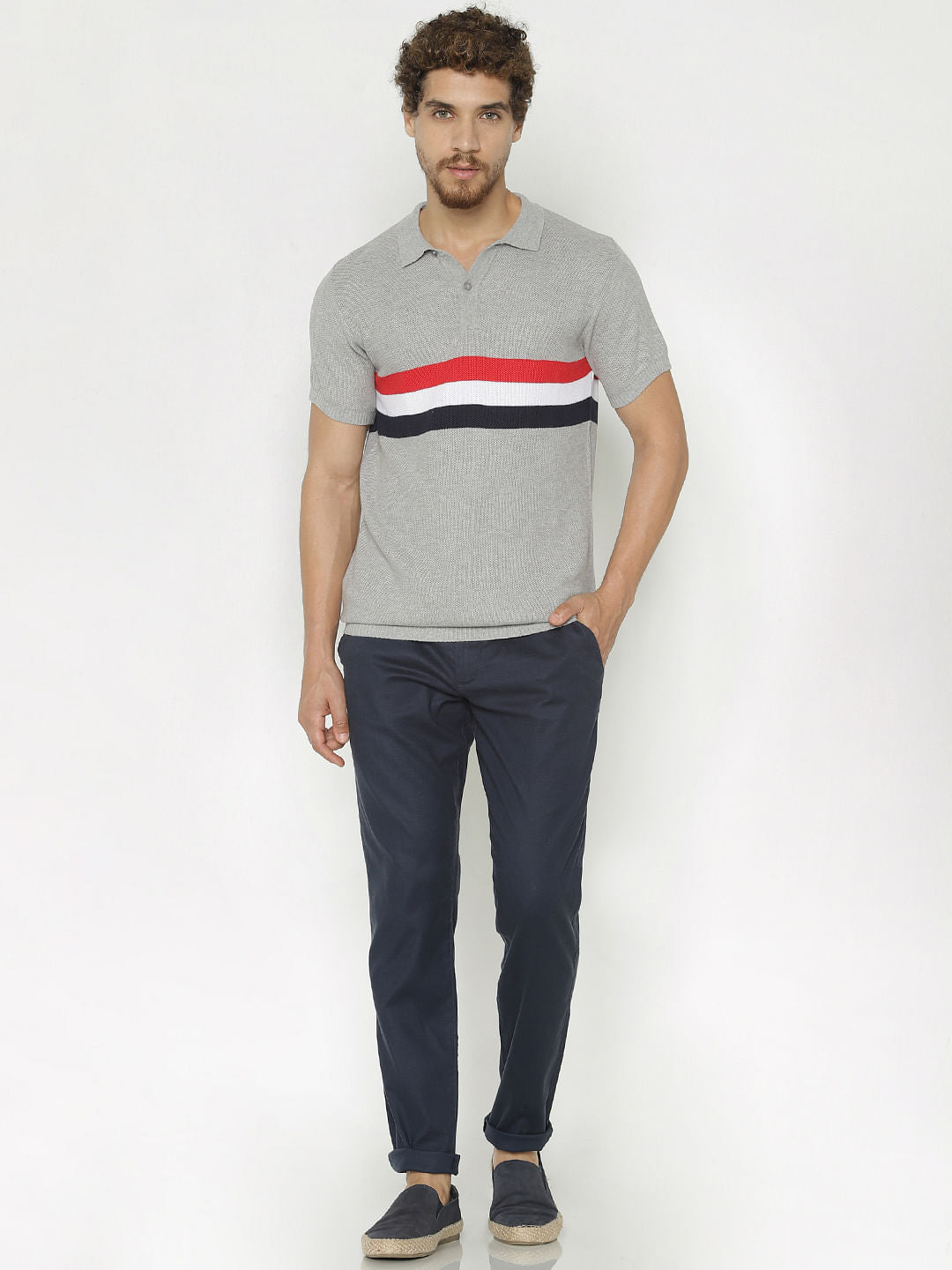 Grey Striped Print Polo Neck T-Shirt