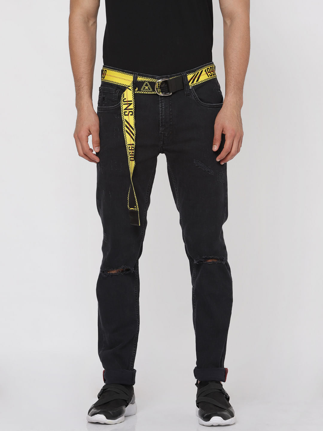 Black Ripped Text Print Ben Slim Fit Jeans
