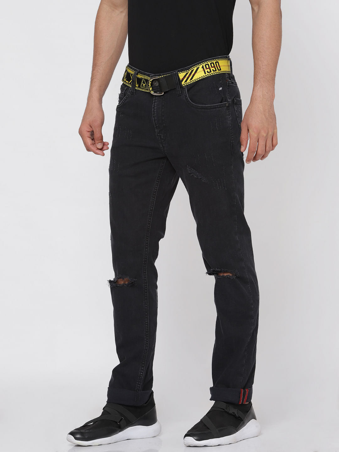 Black Ripped Text Print Ben Slim Fit Jeans