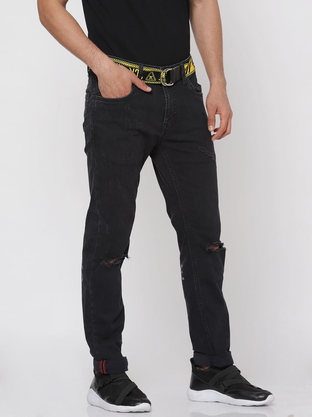 Black Ripped Text Print Ben Slim Fit Jeans