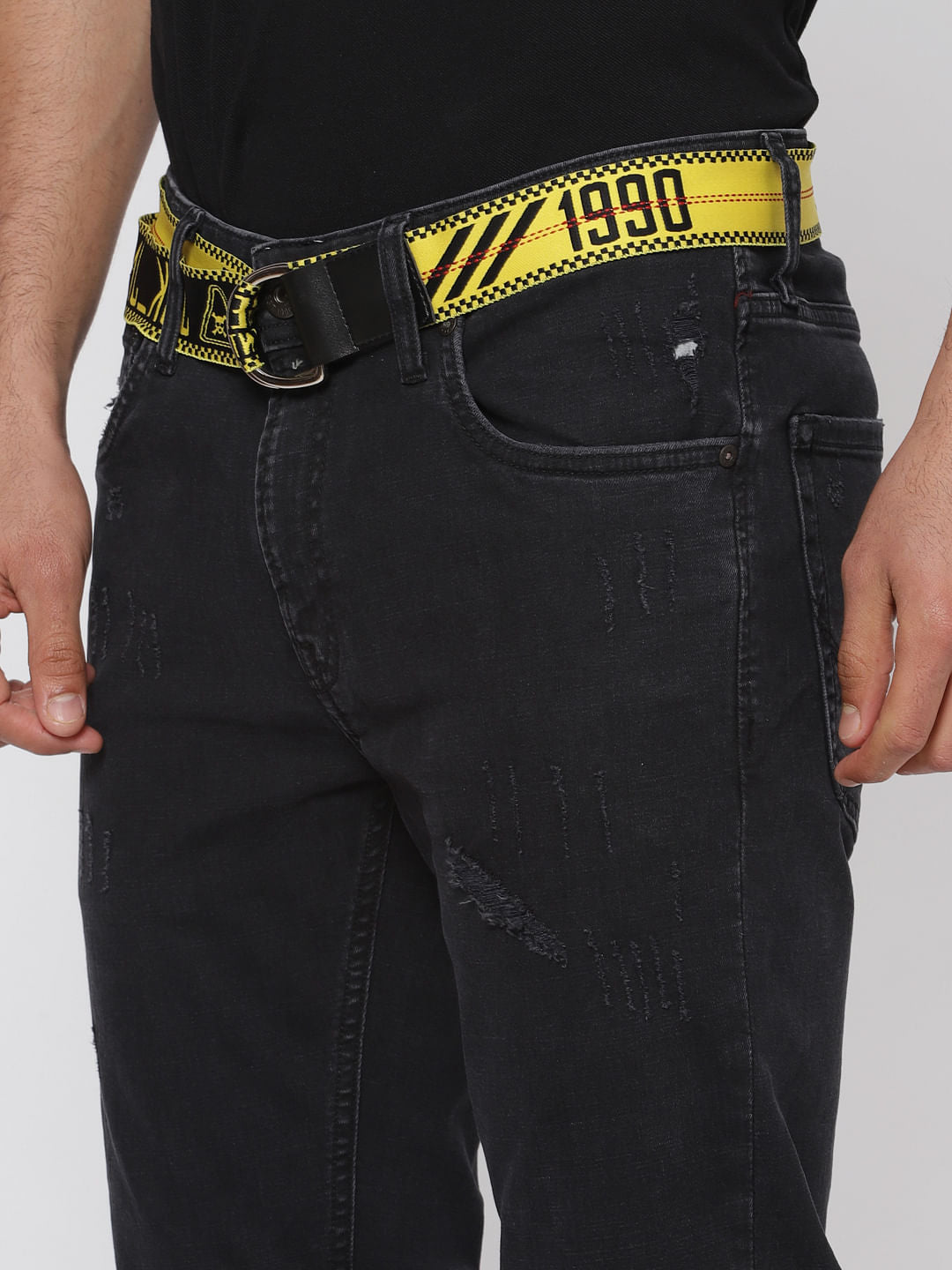 Black Ripped Text Print Ben Slim Fit Jeans