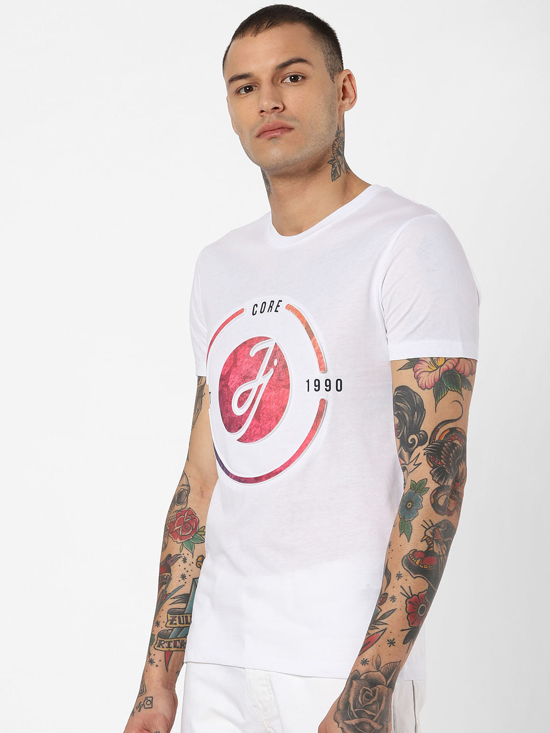 White Logo Print Crew Neck T-Shirt