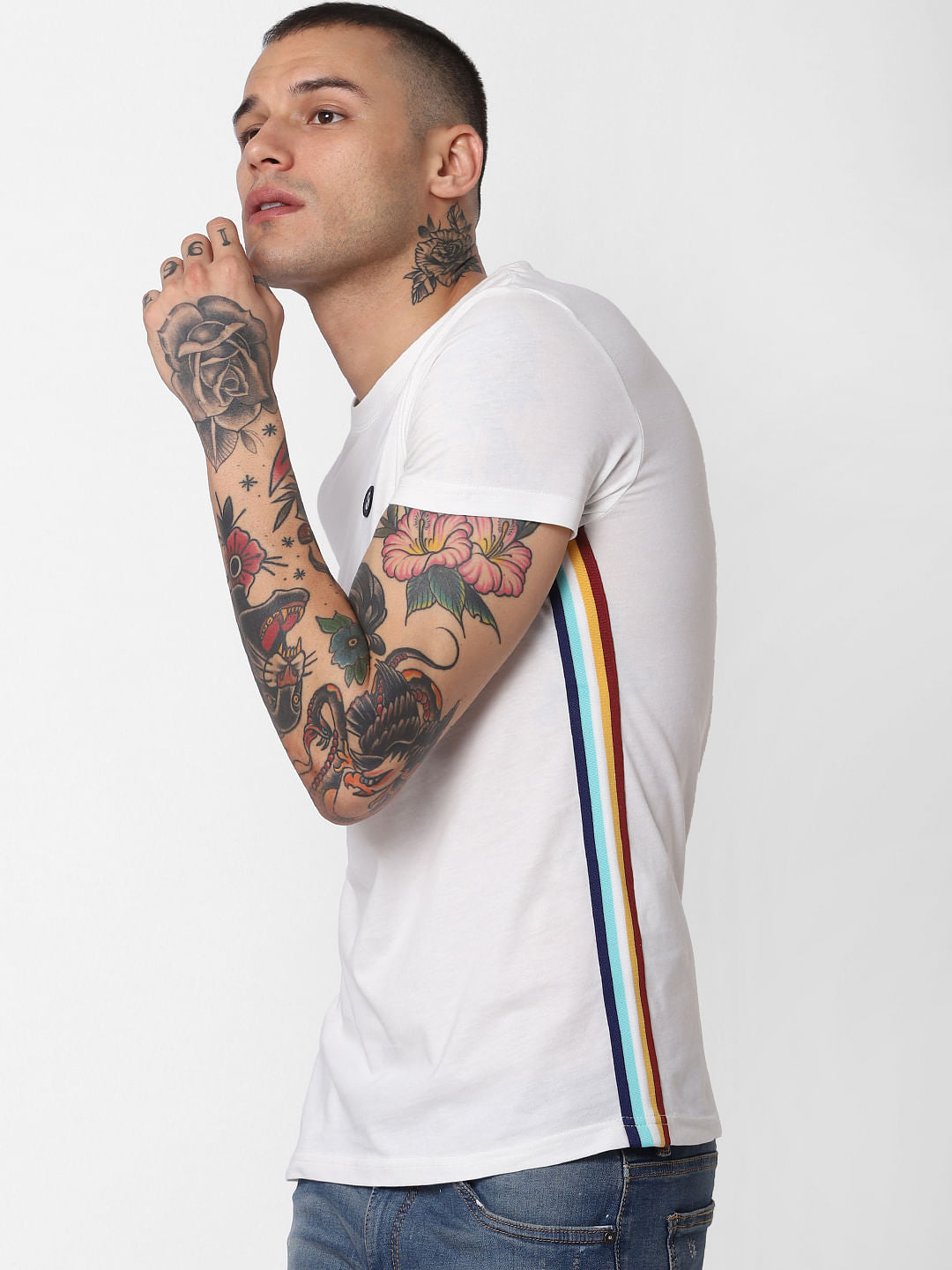 White Tape Detail Crew Neck T-Shirt