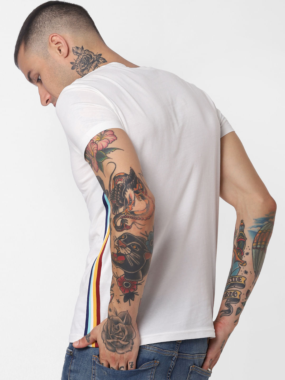 White Tape Detail Crew Neck T-Shirt