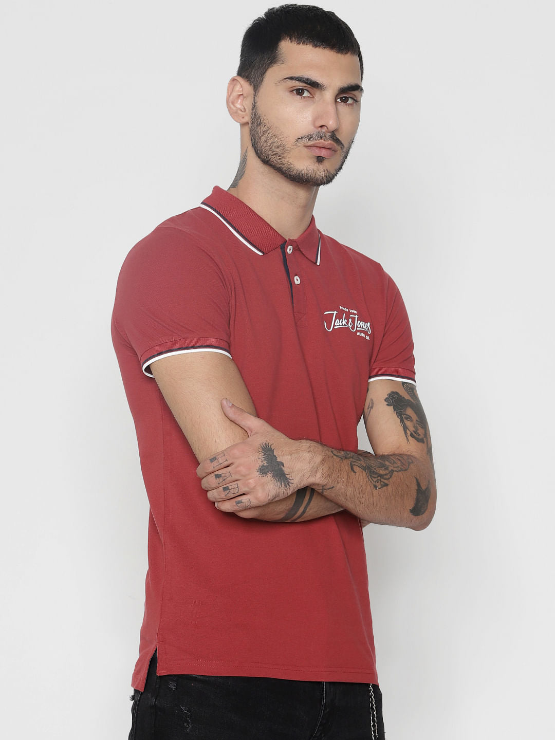 Red Contrast Tipping Polo Neck T-Shirt