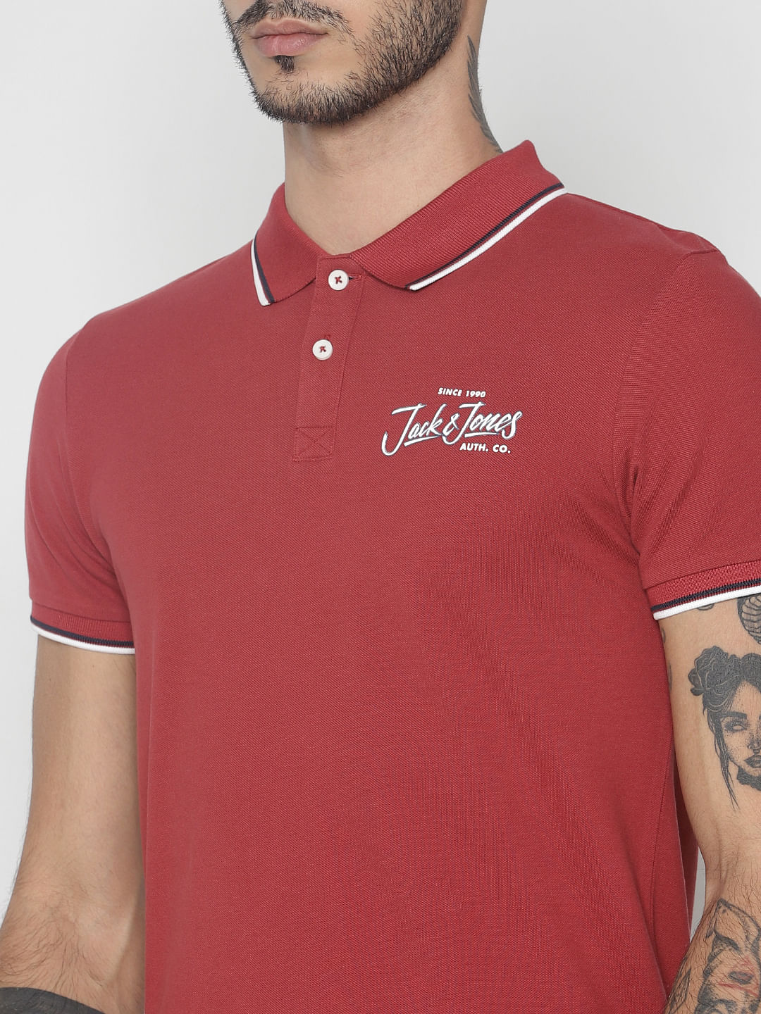 Red Contrast Tipping Polo Neck T-Shirt