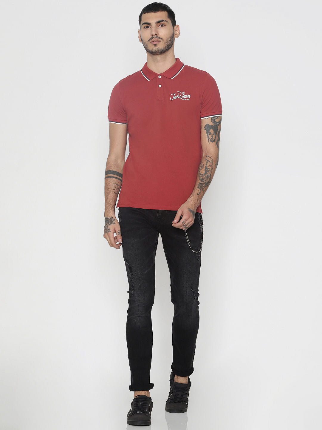 Red Contrast Tipping Polo Neck T-Shirt
